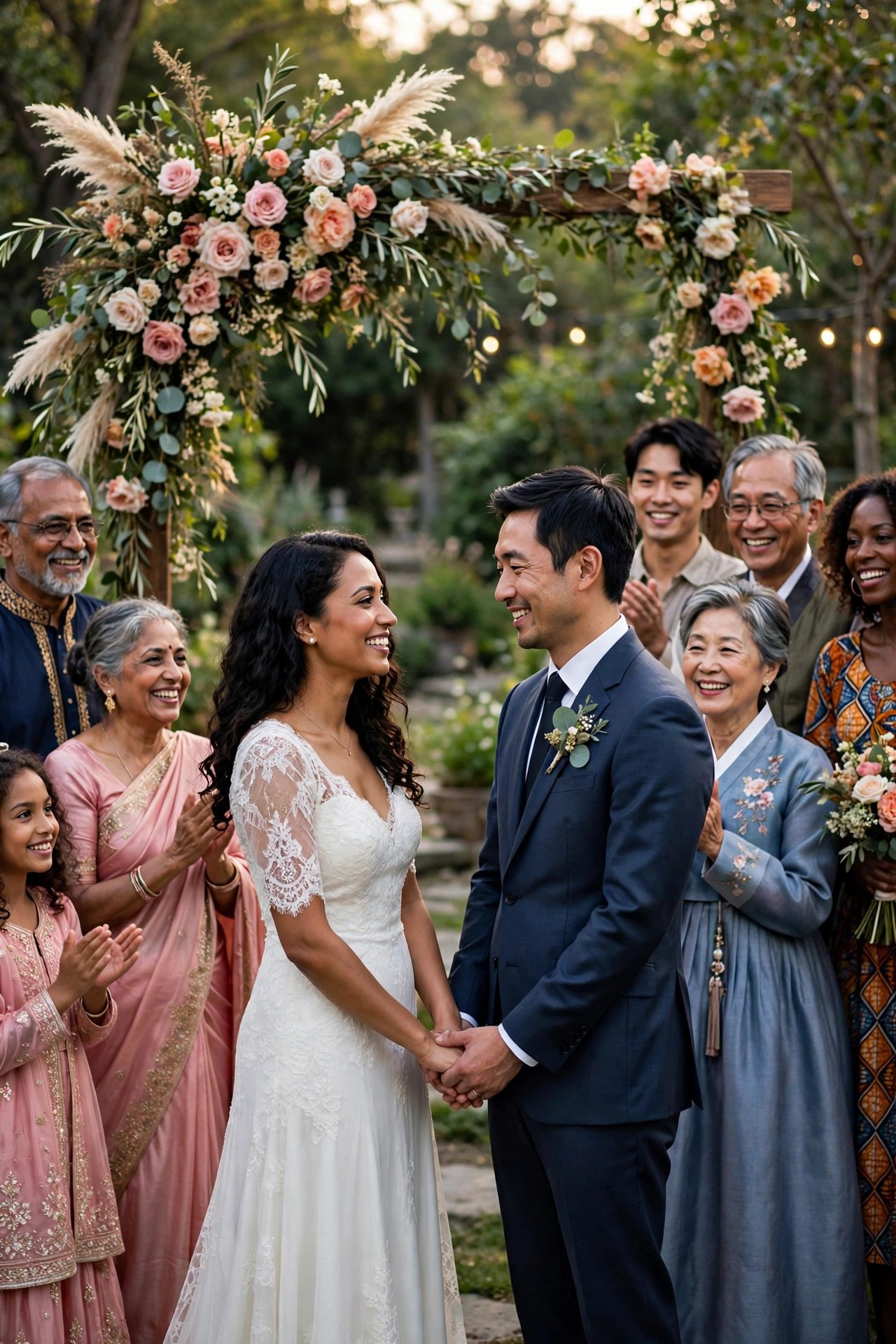Multicultural wedding ceremony with couple holding hands under floral arch