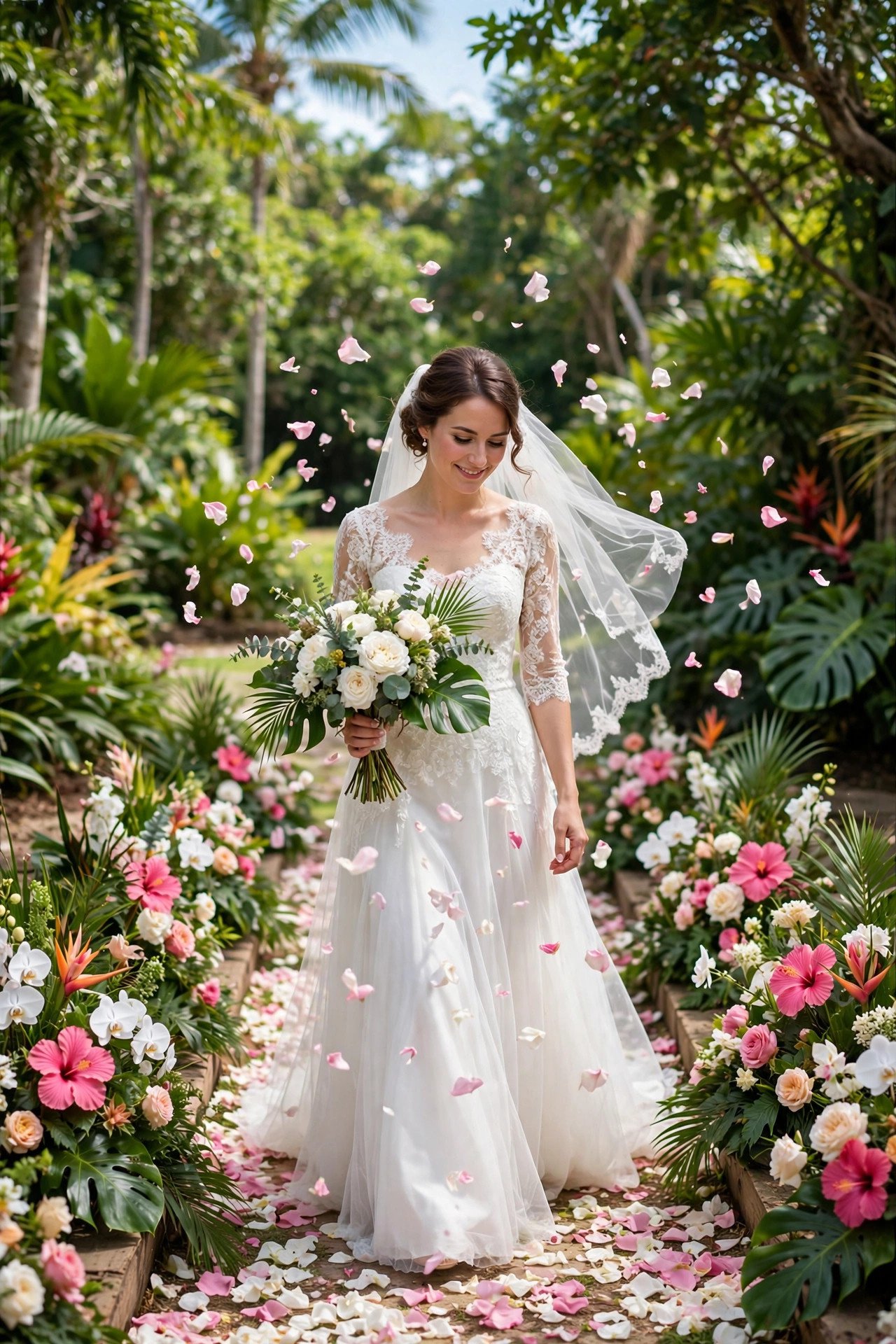 Bride walking down a garden aisle lined with flowers at an outdoor wedding