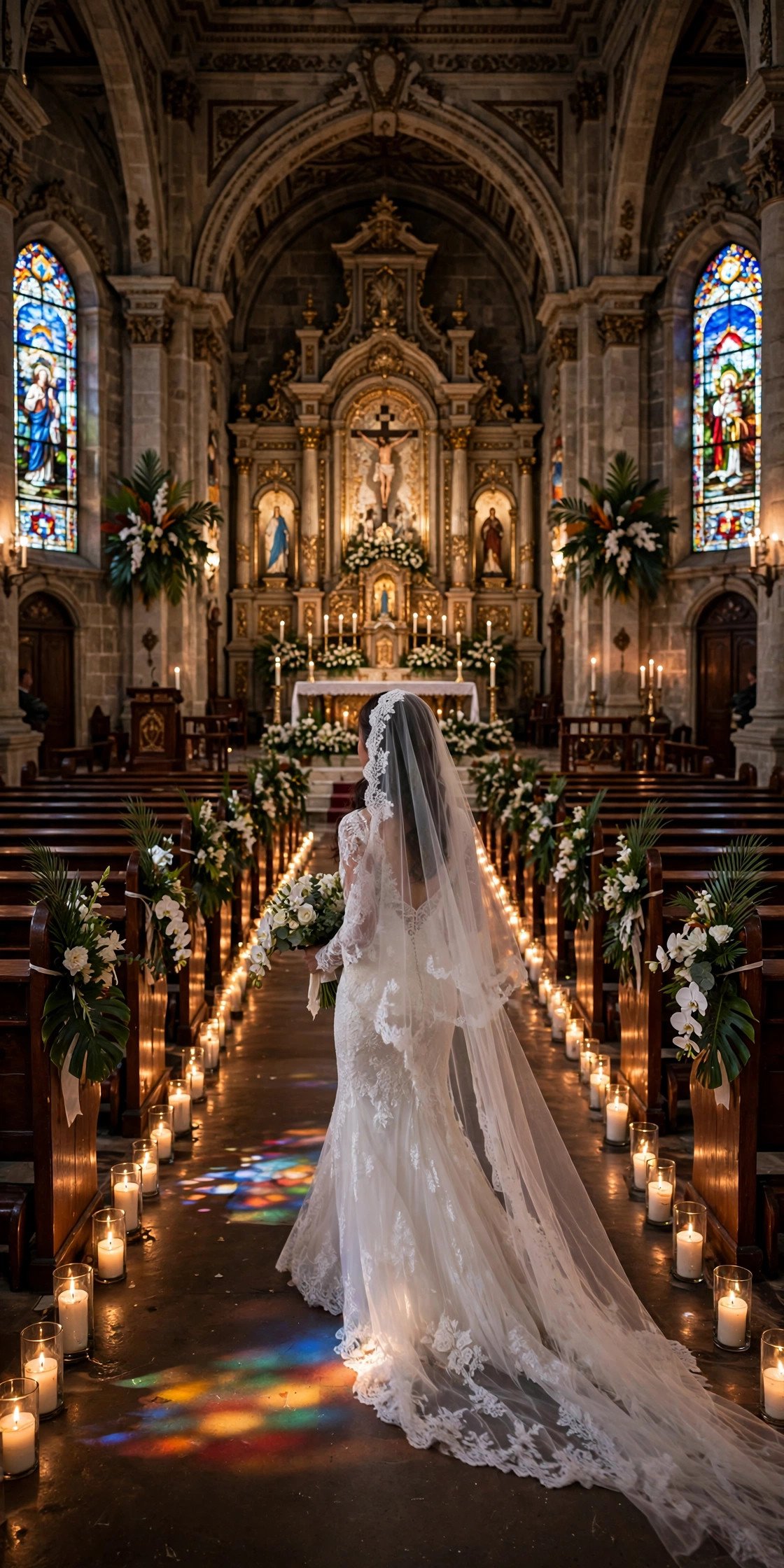 Filipino Catholic church wedding with bride walking down the long aisle