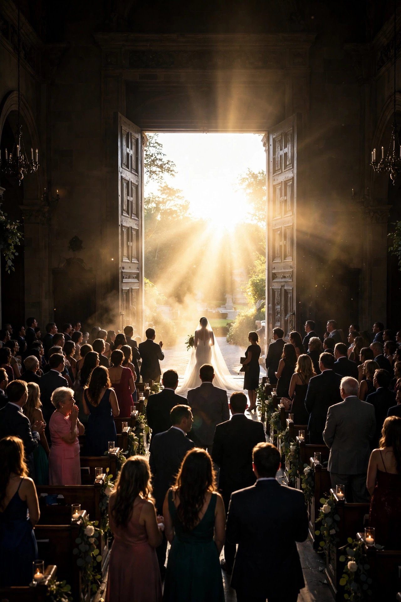 Dramatic bride entrance with doors opening at a grand wedding venue
