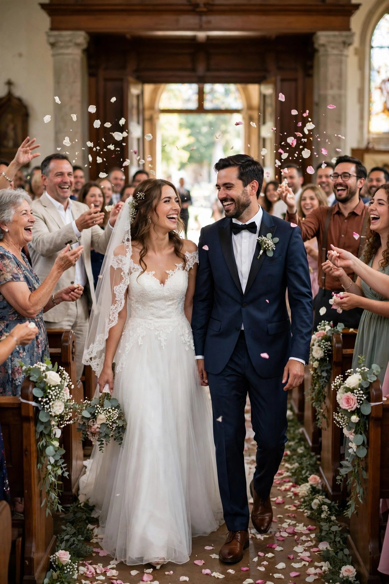 Newlywed couple walking back down the aisle joyfully as guests throw petals