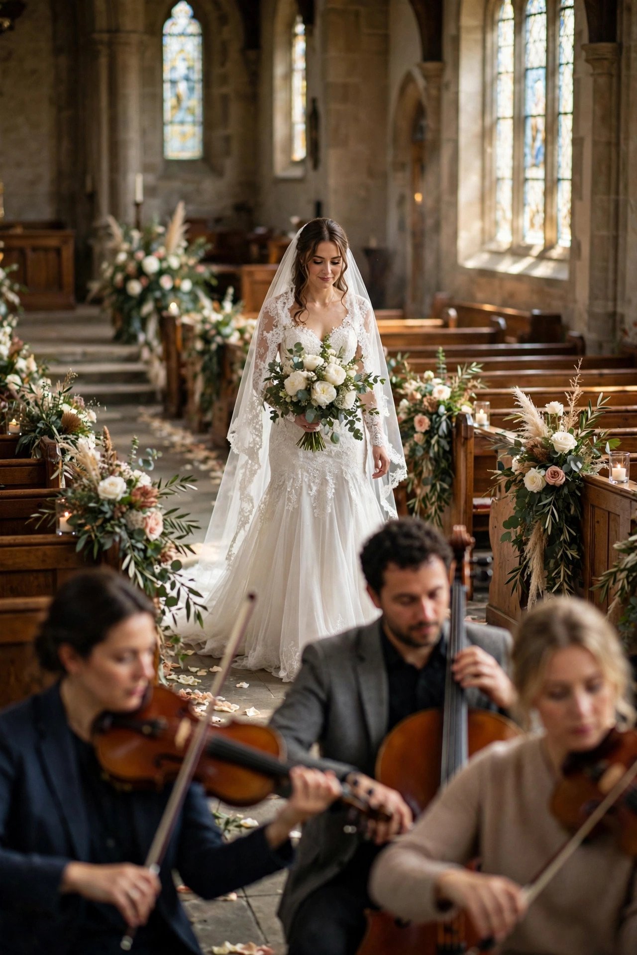 Bride walking down the aisle as string musicians play at a wedding ceremony