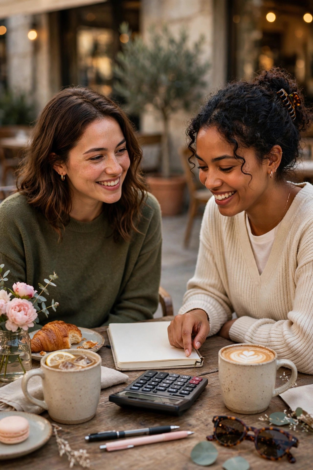 Friends planning bridal shower budget together with notebook and calculator