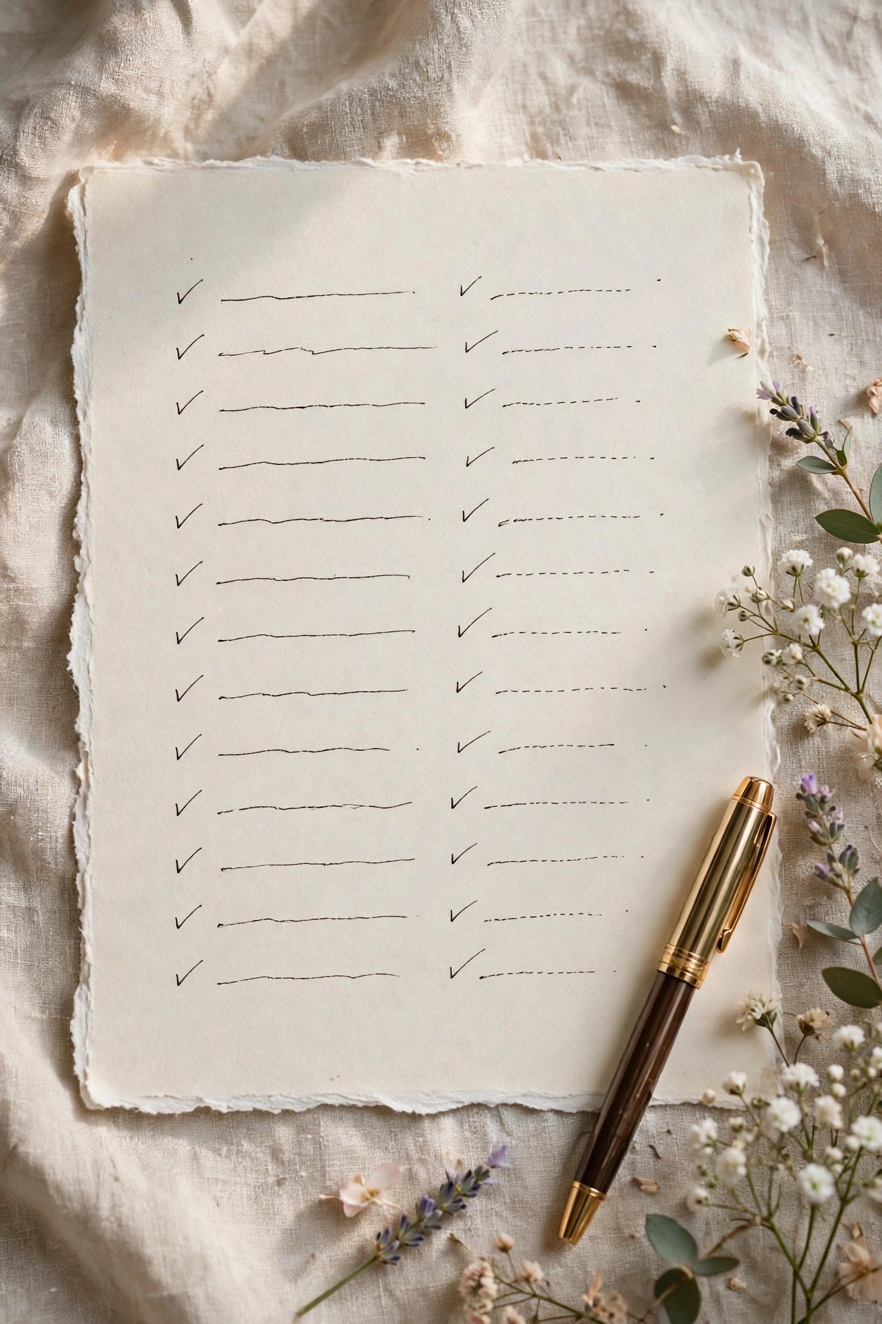 Handwritten bridal shower guest list with elegant stationery and pen
