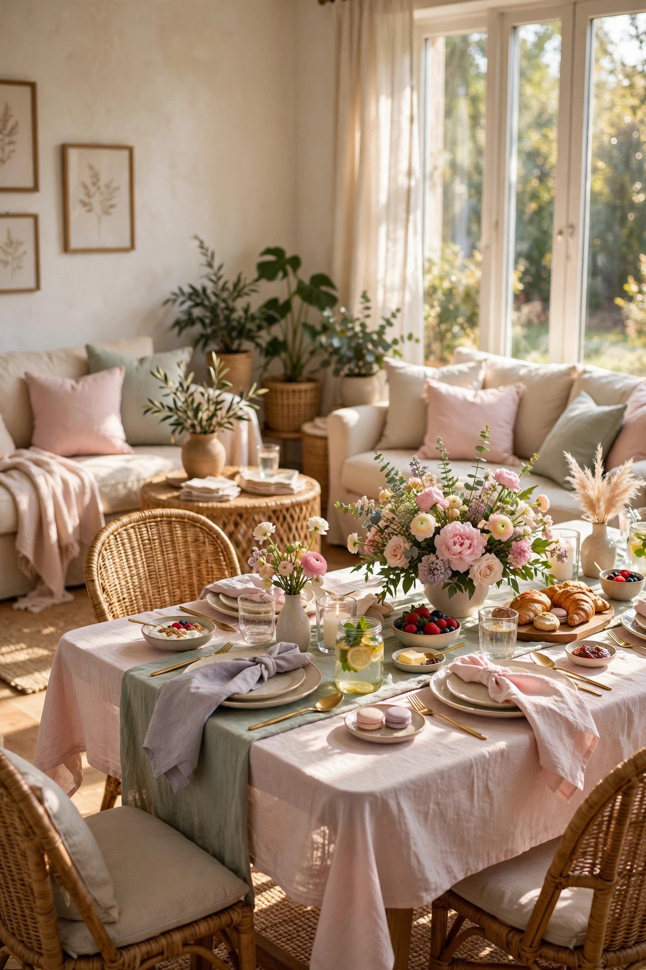 Bright living room set up for a bridal shower brunch with friends