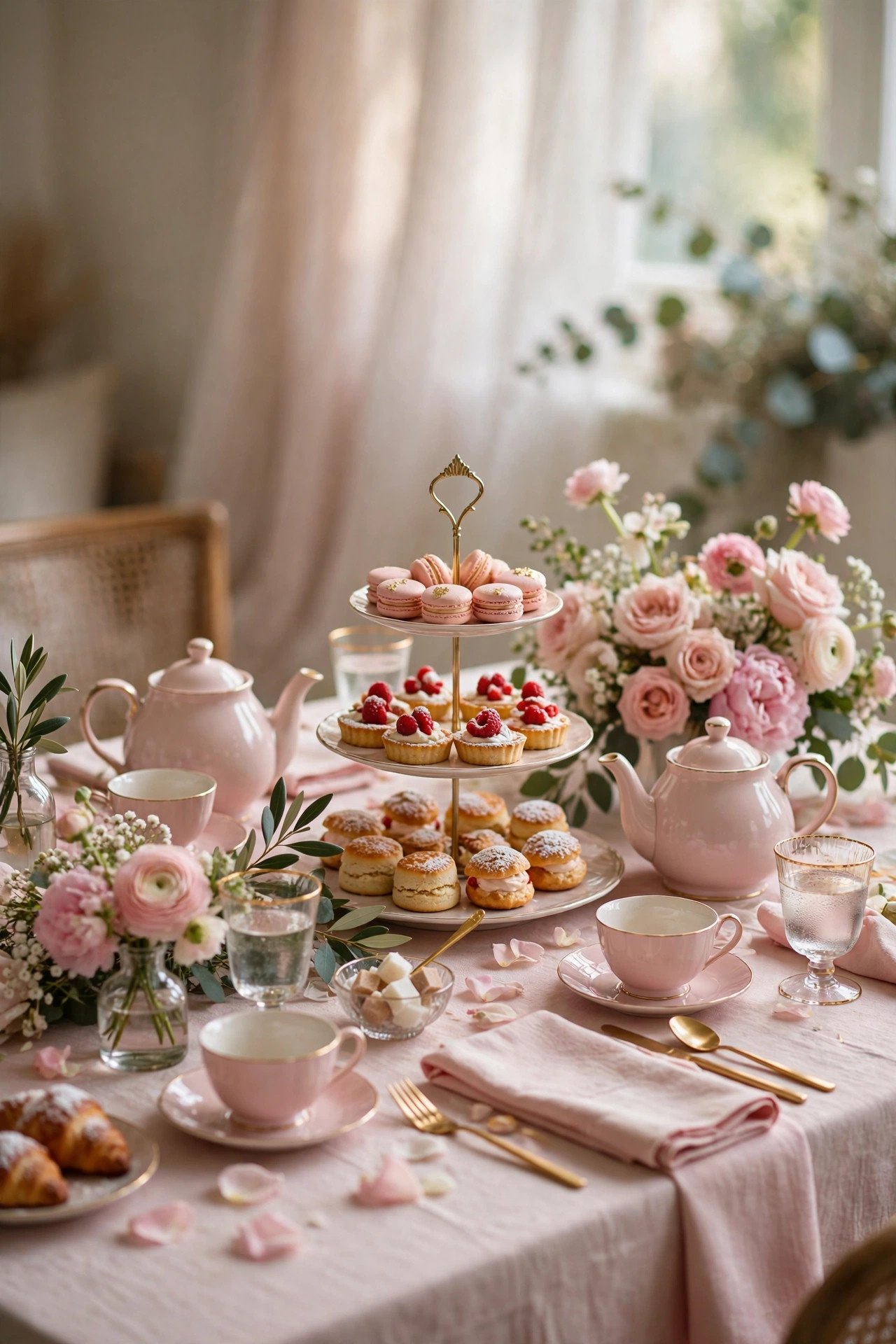 Elegant bridal shower theme table with blush pink decor and tea party setup