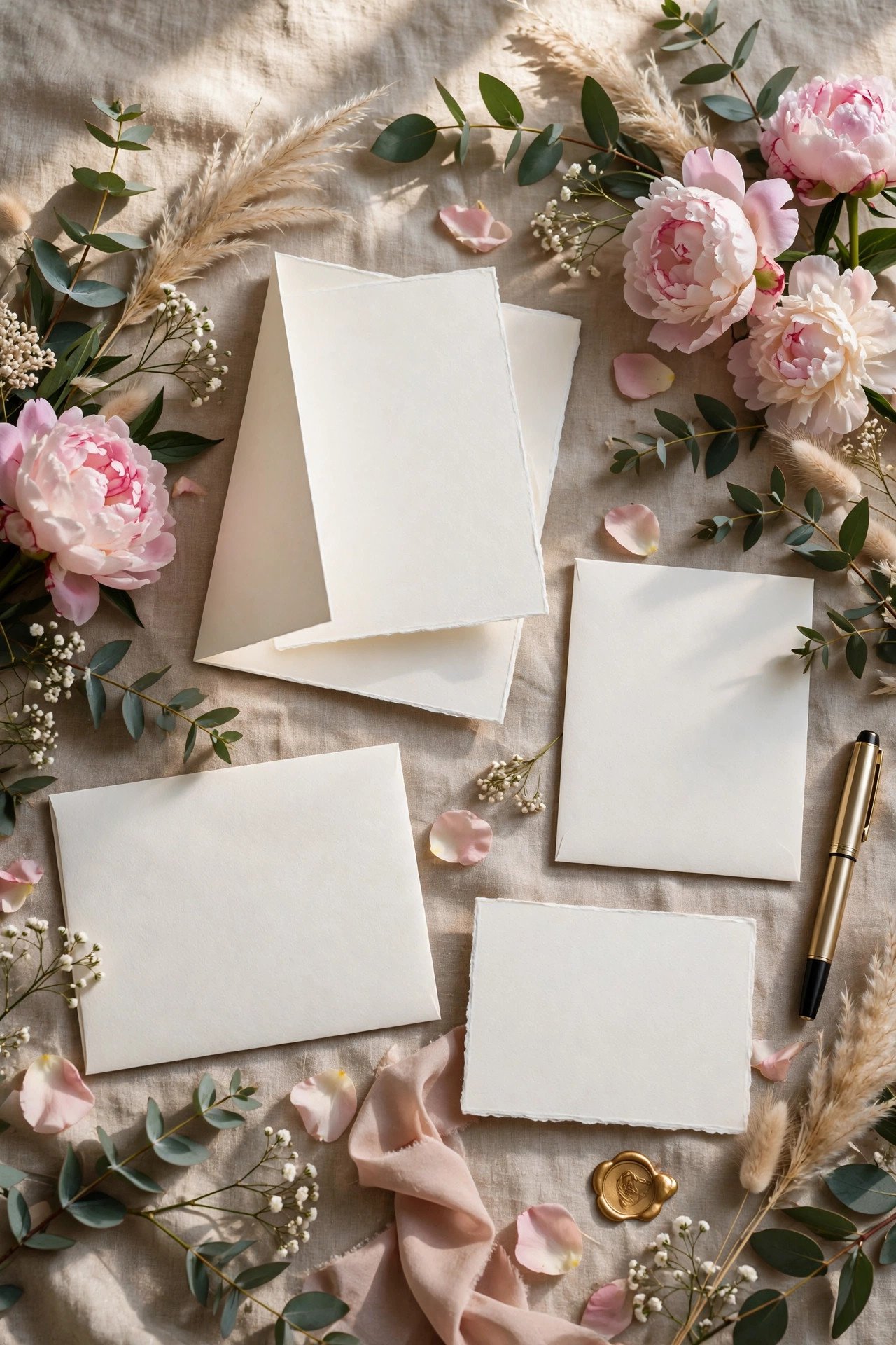 Beautiful bridal shower invitation suite with flowers on a table