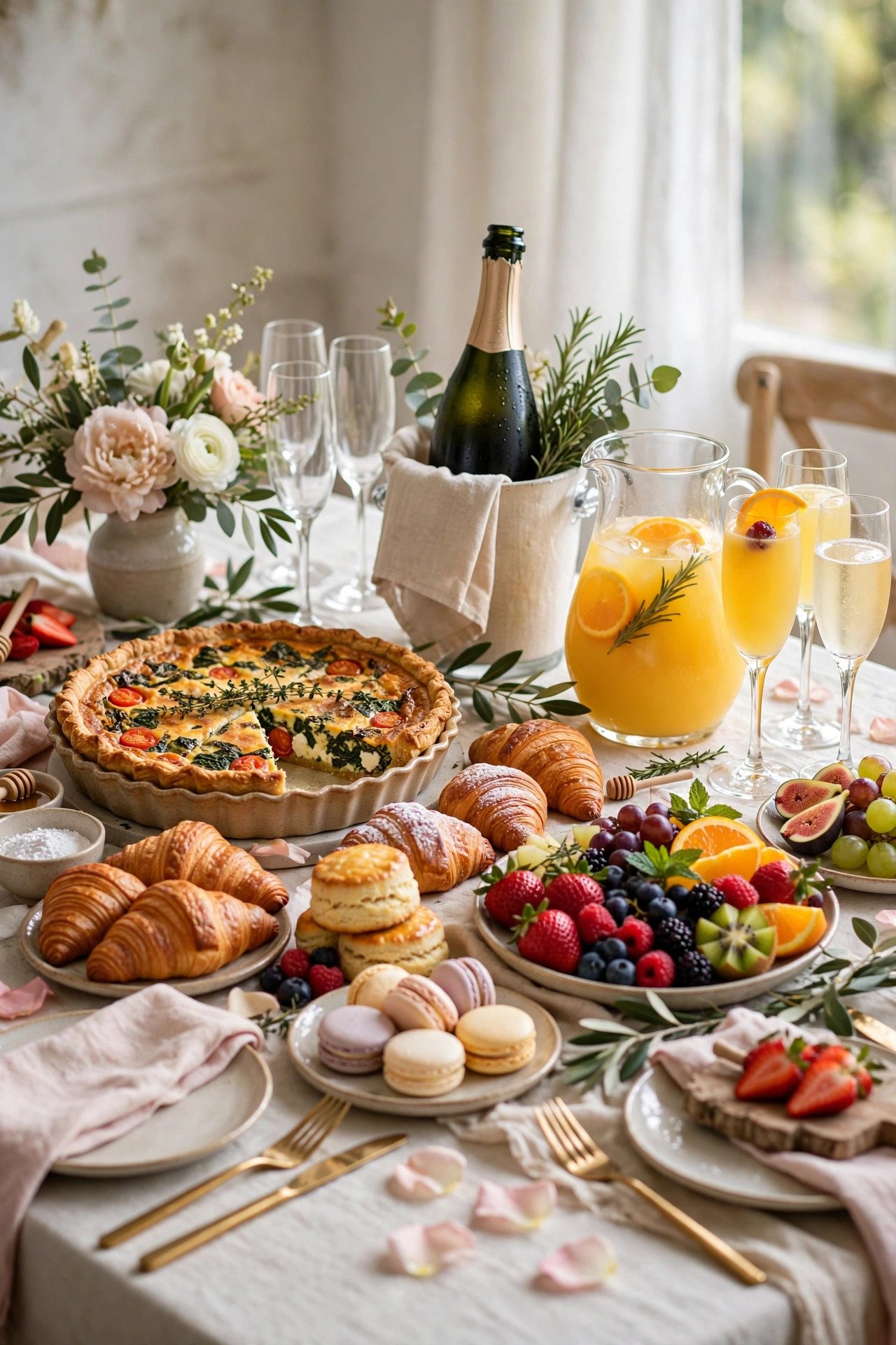 Elegant bridal shower brunch spread with pastries fruit and mimosas