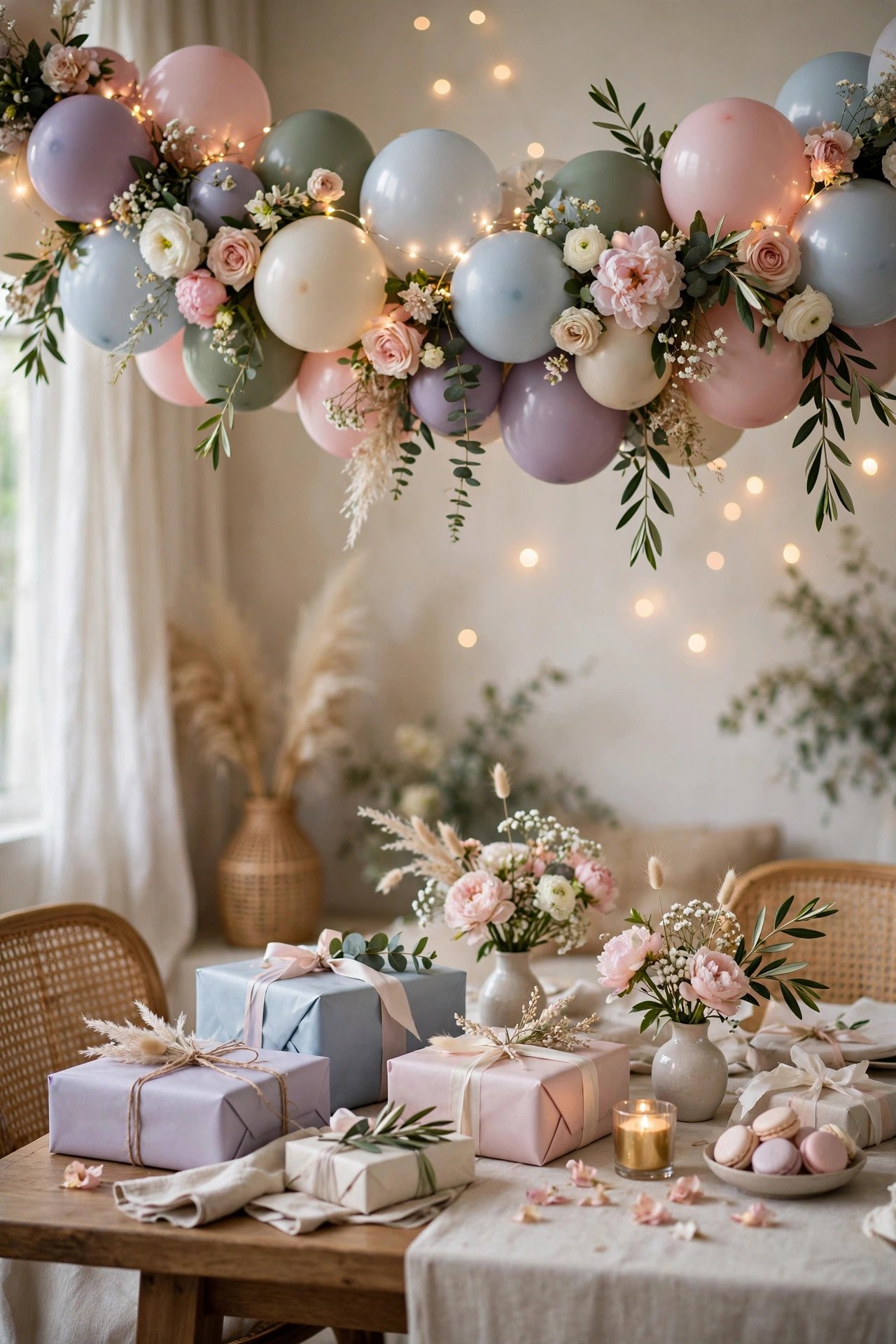 Thoughtful bridal shower decor with balloon garland flowers and gift table
