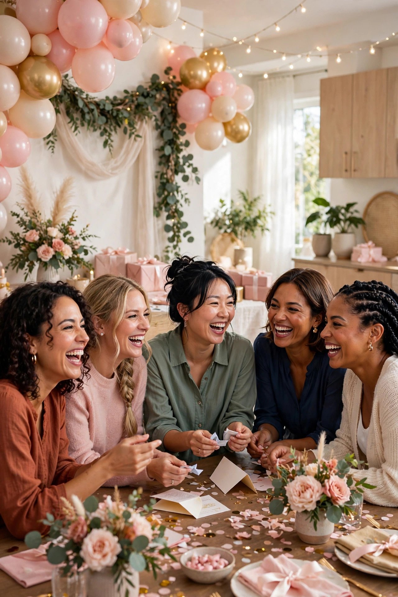 Bridal shower guests laughing while playing party games together