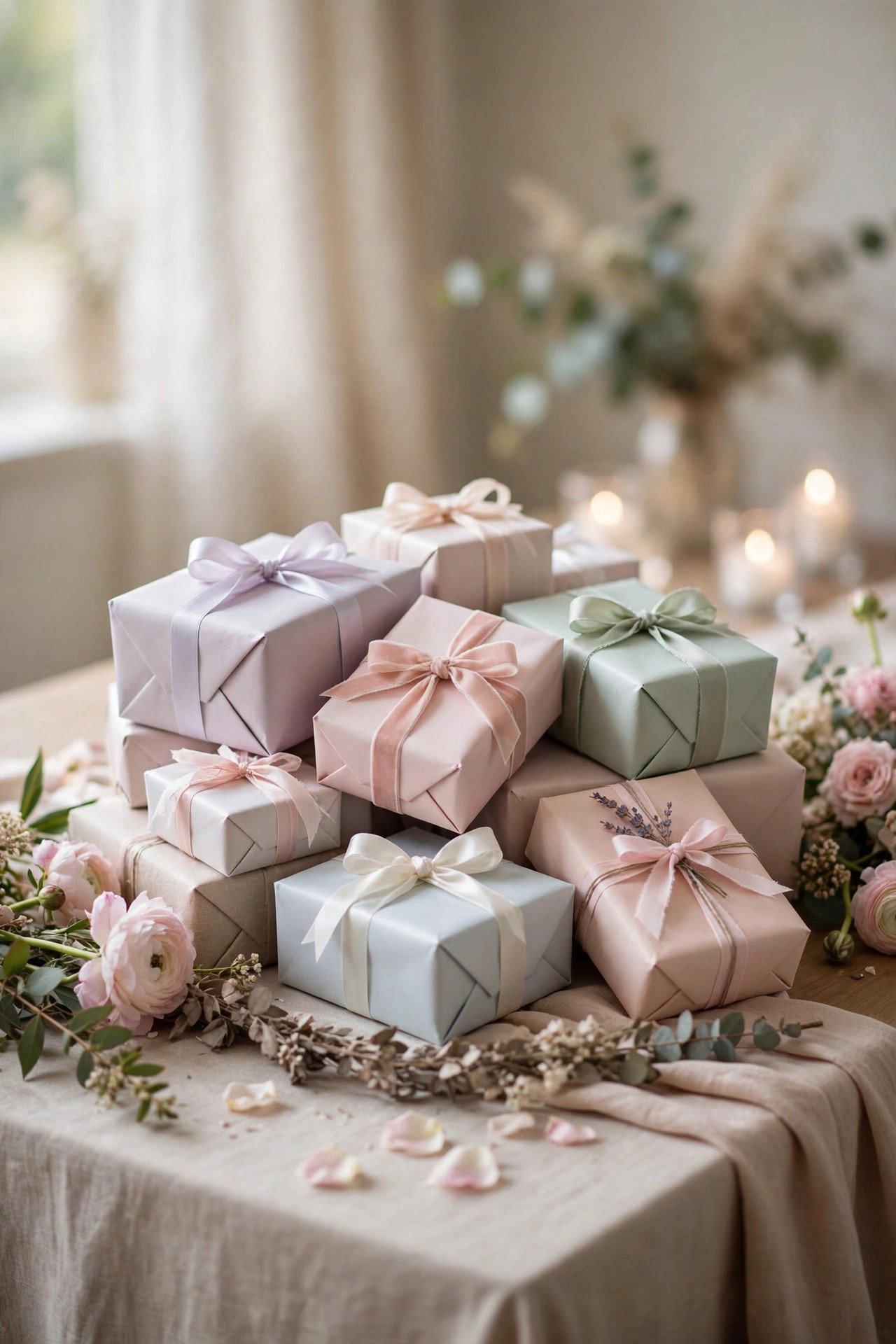 Beautifully wrapped bridal shower gifts piled on a decorated table