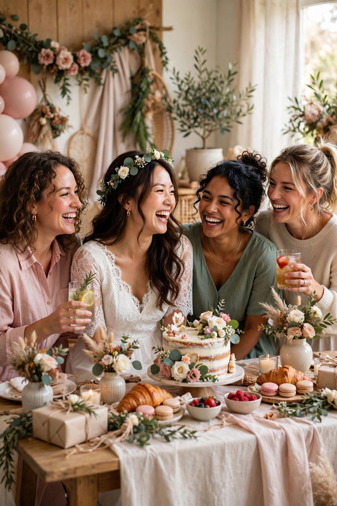 Joyful bridal shower in full swing with bride laughing among friends