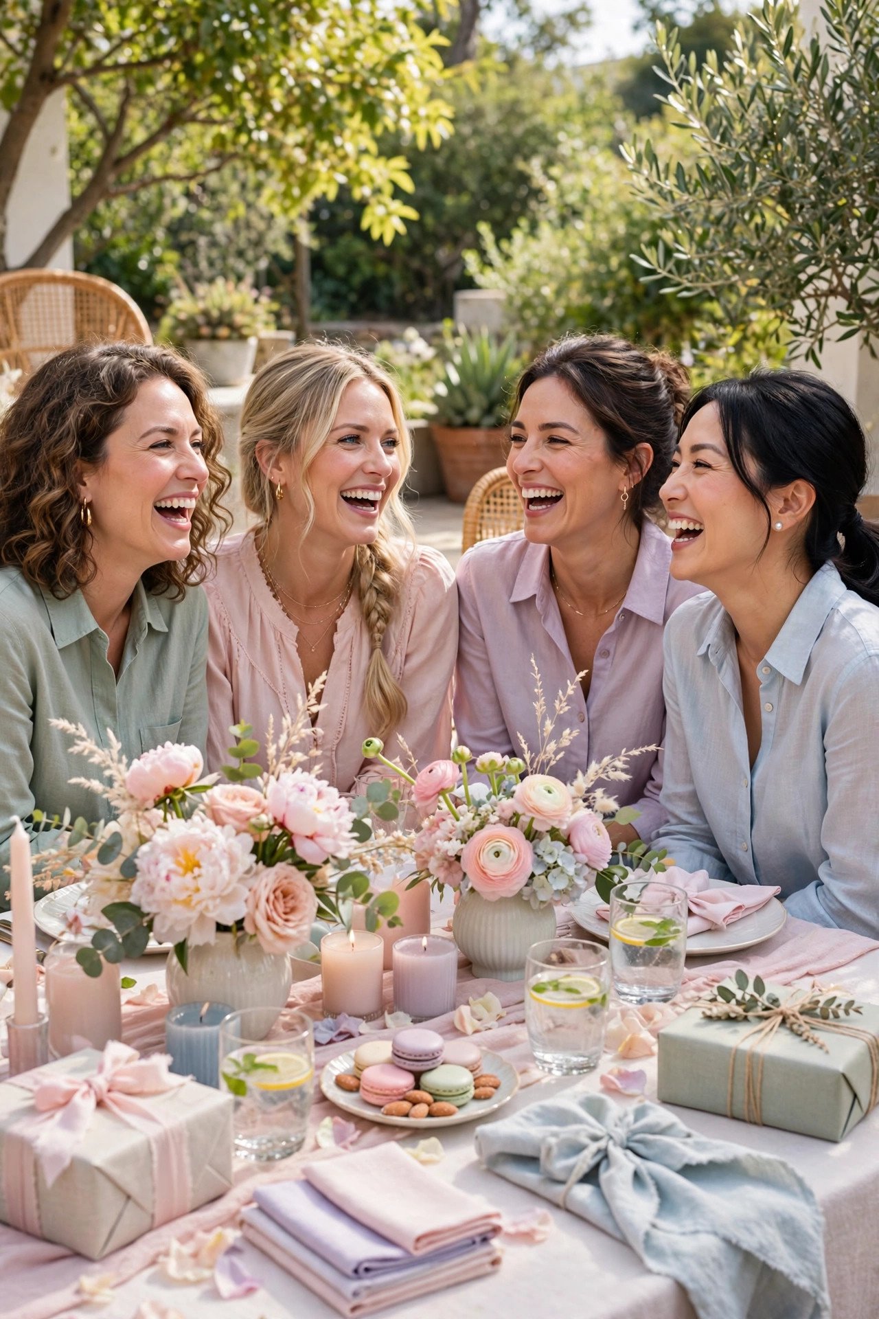 Beautiful bridal shower table setting with flowers gifts and happy guests