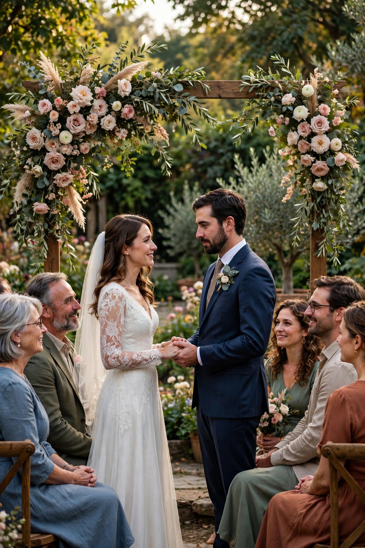 Intimate wedding ceremony with small group of close guests in a garden