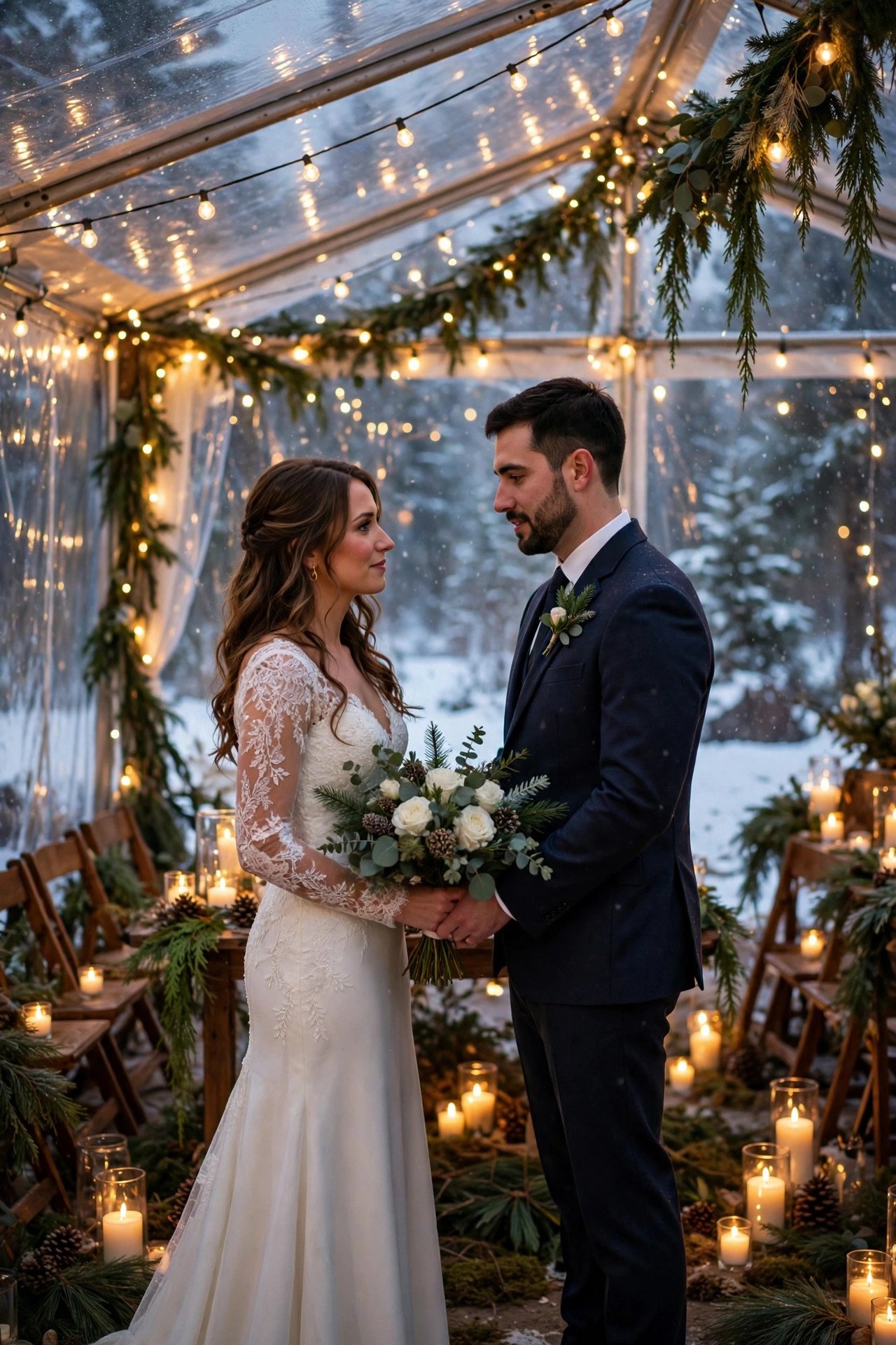 Beautiful winter wedding ceremony with couple under clear tent with fairy lights