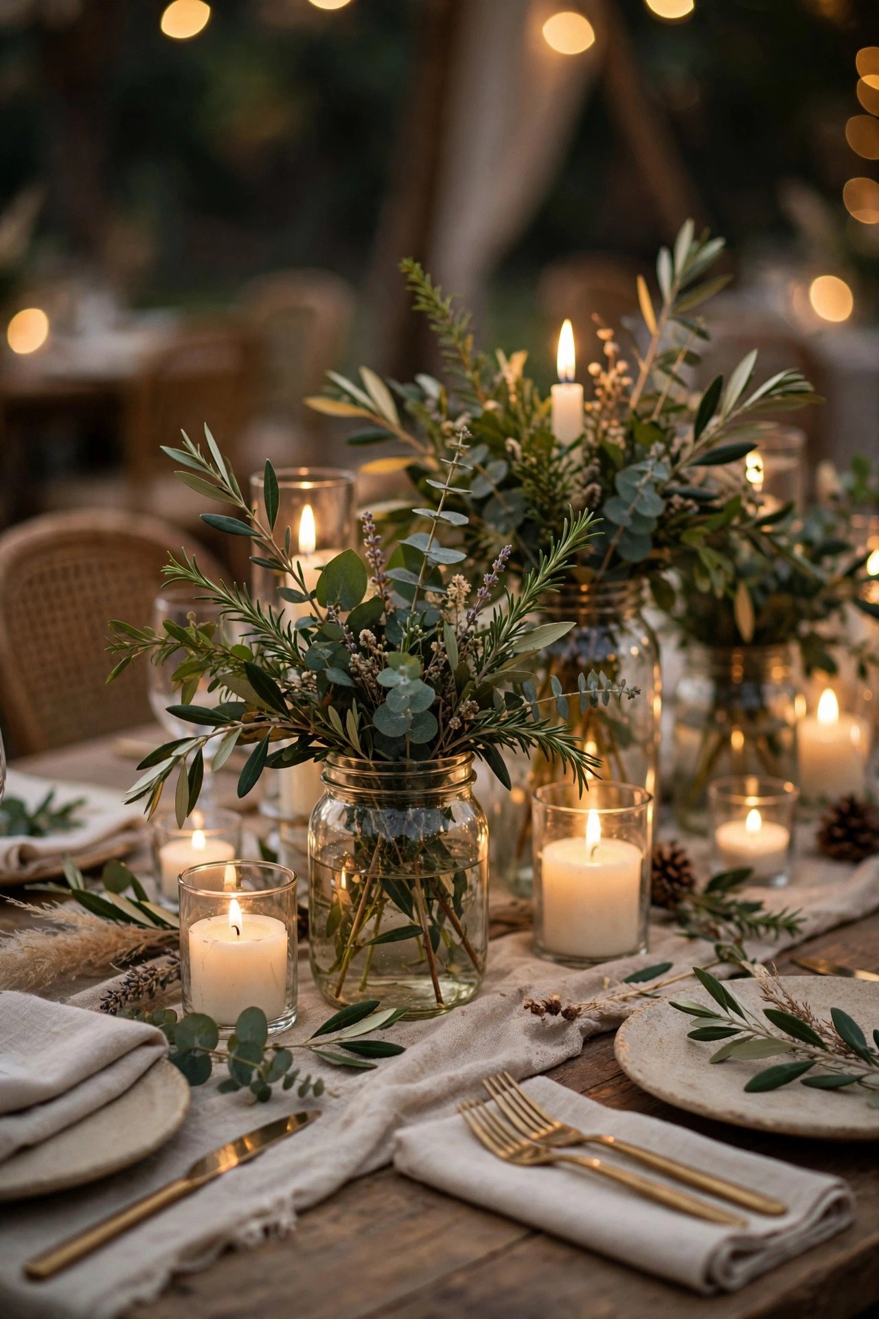 Beautiful DIY wedding table centerpieces with candles and greenery that look professional