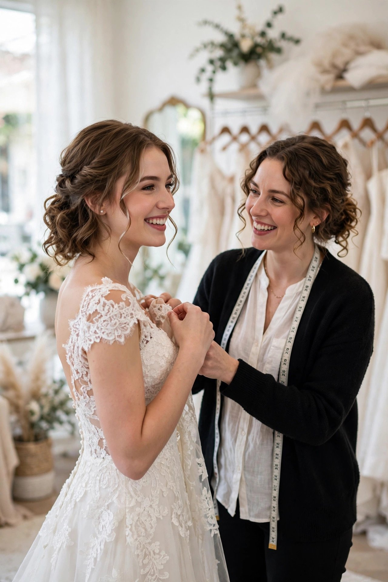 Bride trying on beautiful wedding dress at a sample sale boutique