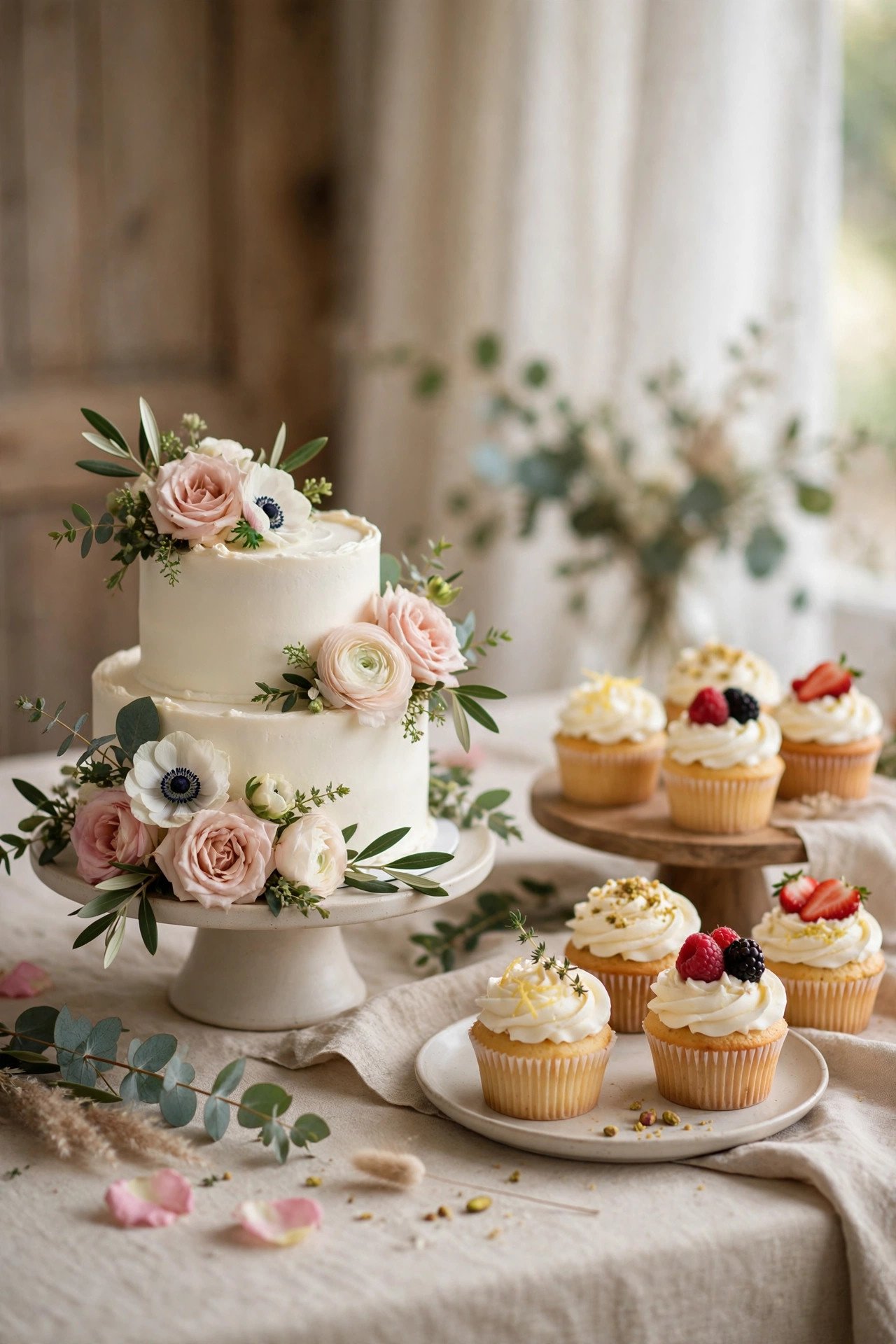 Beautiful small wedding cake with cupcakes and dessert table display
