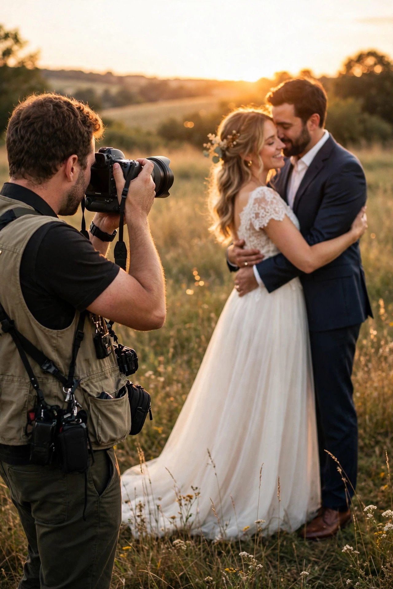 Wedding photographer capturing couple portraits at golden hour ceremony