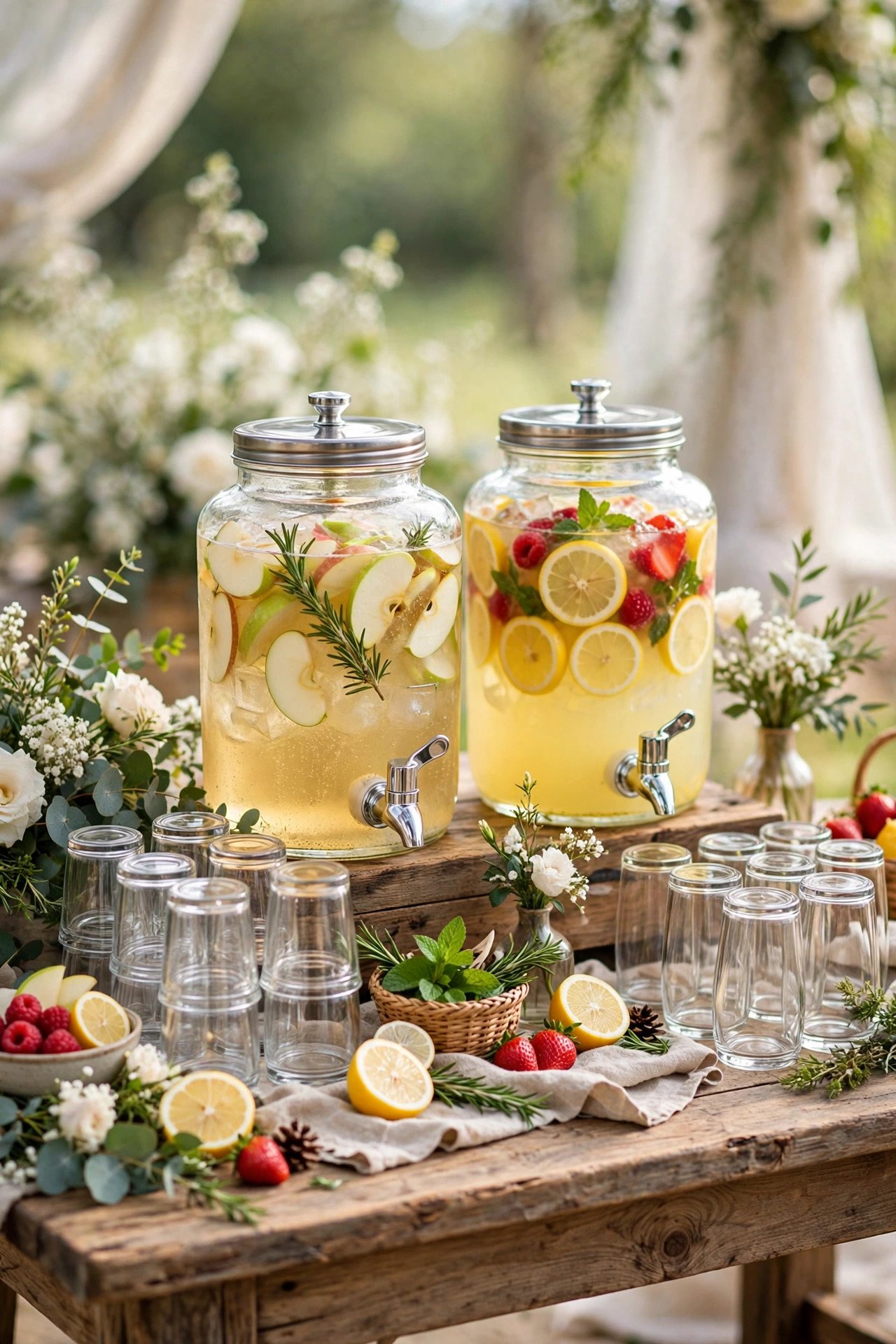 Festive wedding drink station with sparkling cider in plain glasses and fruit garnishes