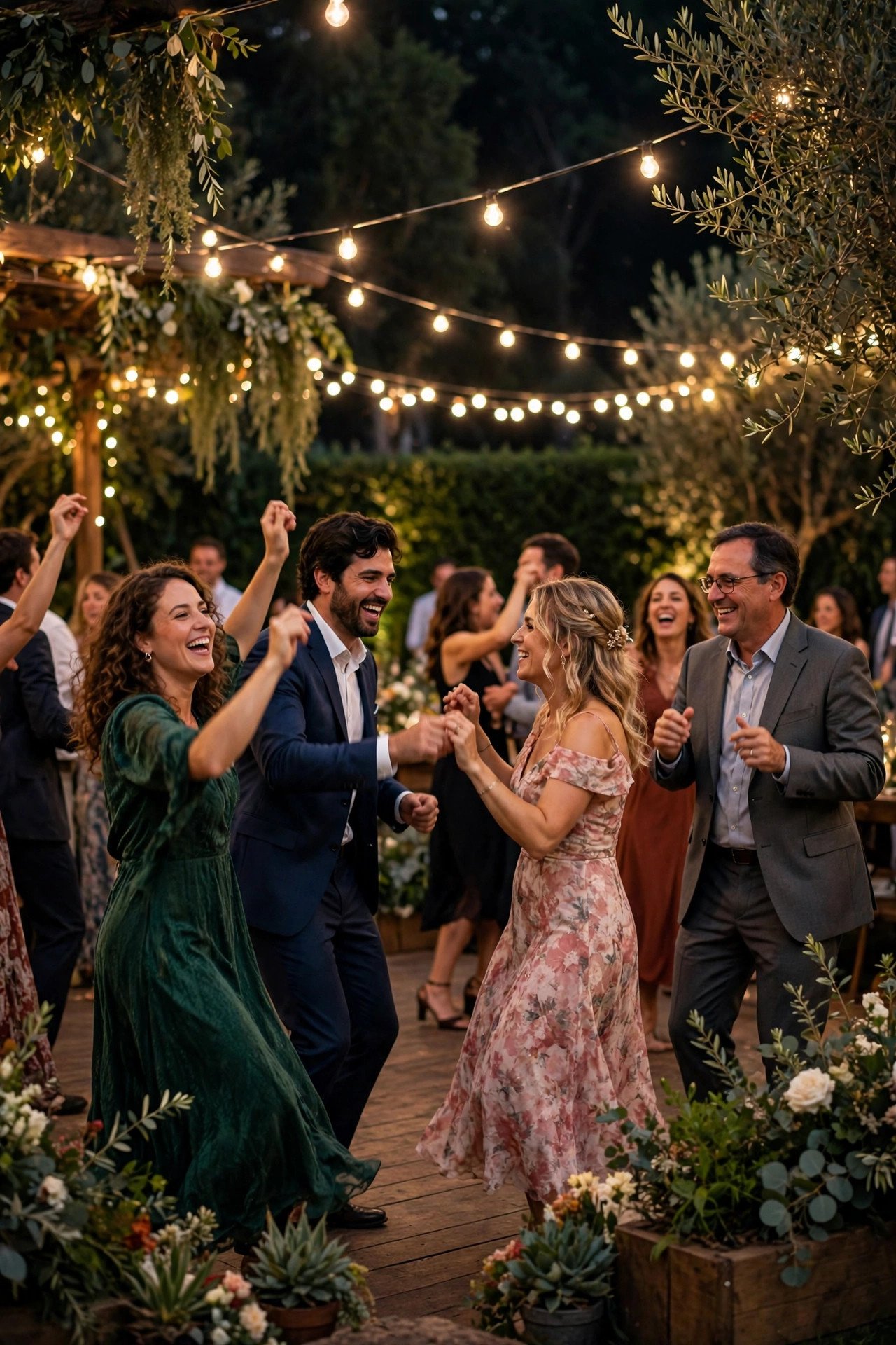 Outdoor wedding dance floor with guests dancing under string lights at night