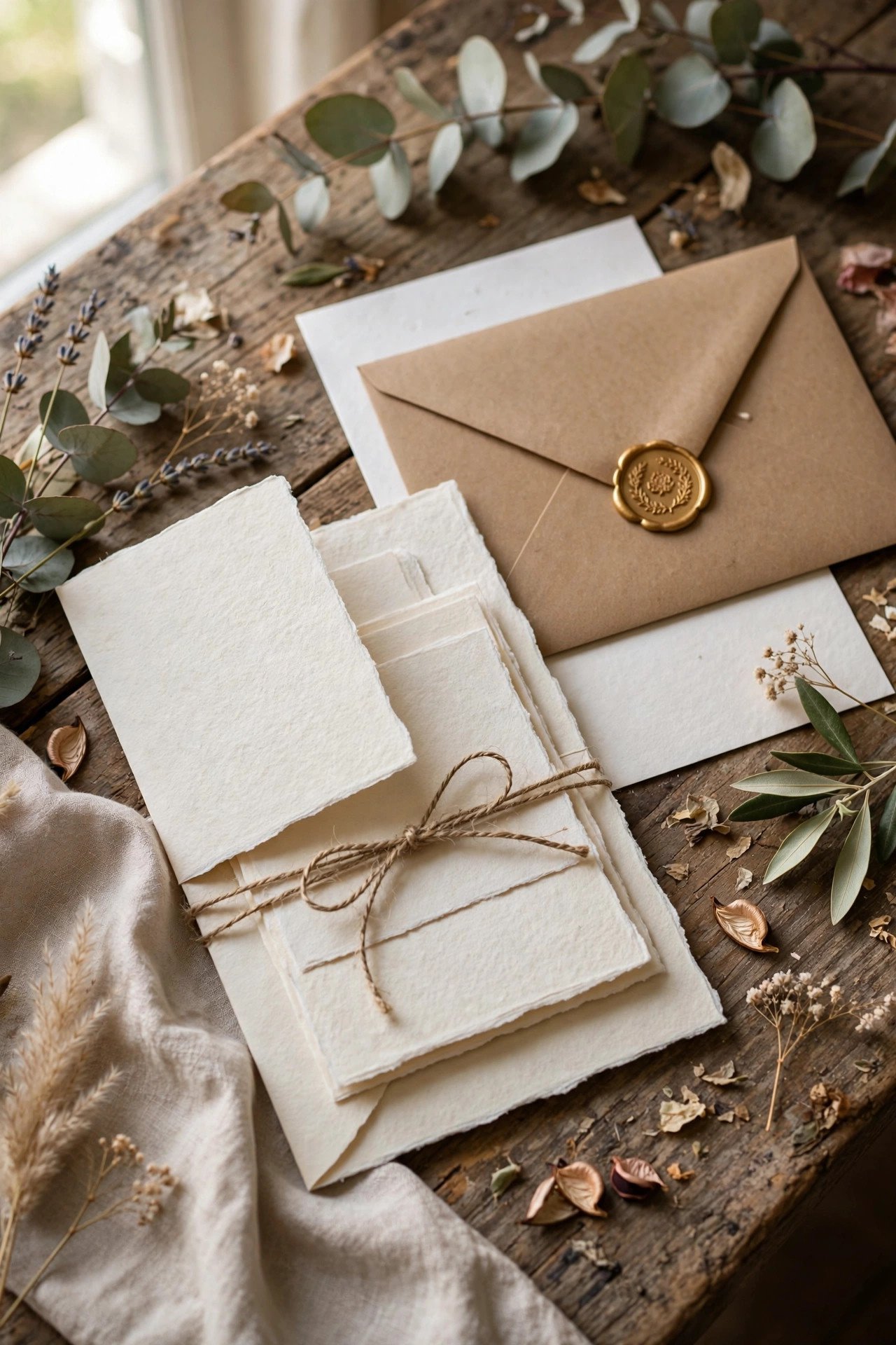 Elegant budget wedding invitation suite with envelope on a table