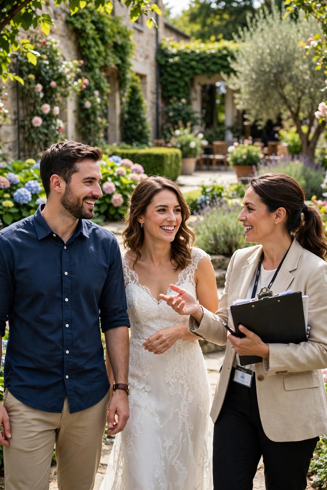 Couple touring a beautiful wedding venue with manager discussing details