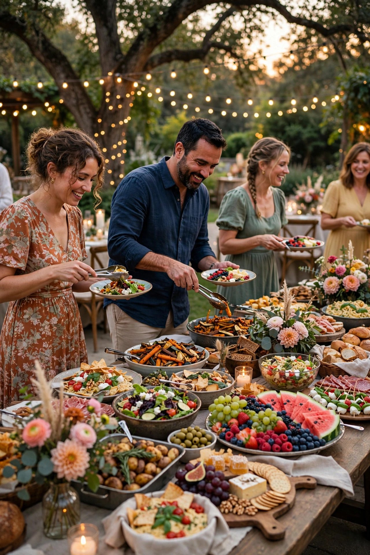 Delicious wedding buffet with guests serving themselves at an outdoor reception