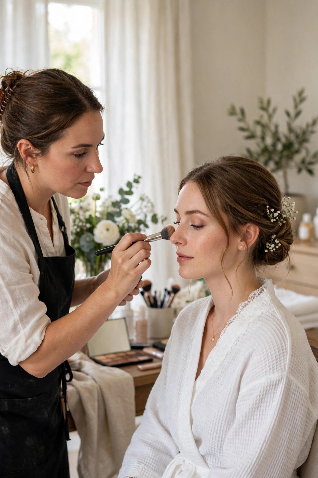 Bride getting natural elegant makeup done by a friend in a bright room