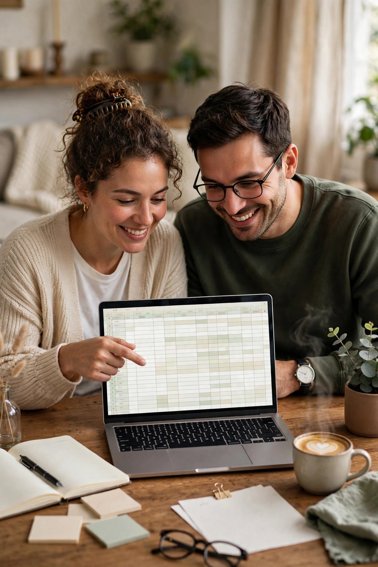 Couple reviewing wedding budget spreadsheet together at home with laptop