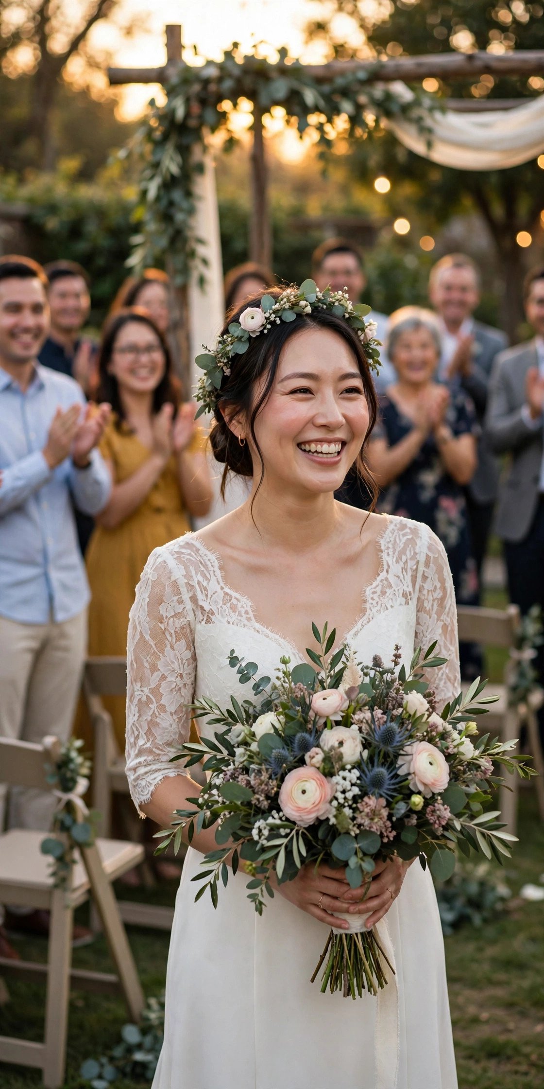 Happy bride holding bouquet at a beautiful budget wedding ceremony outdoors