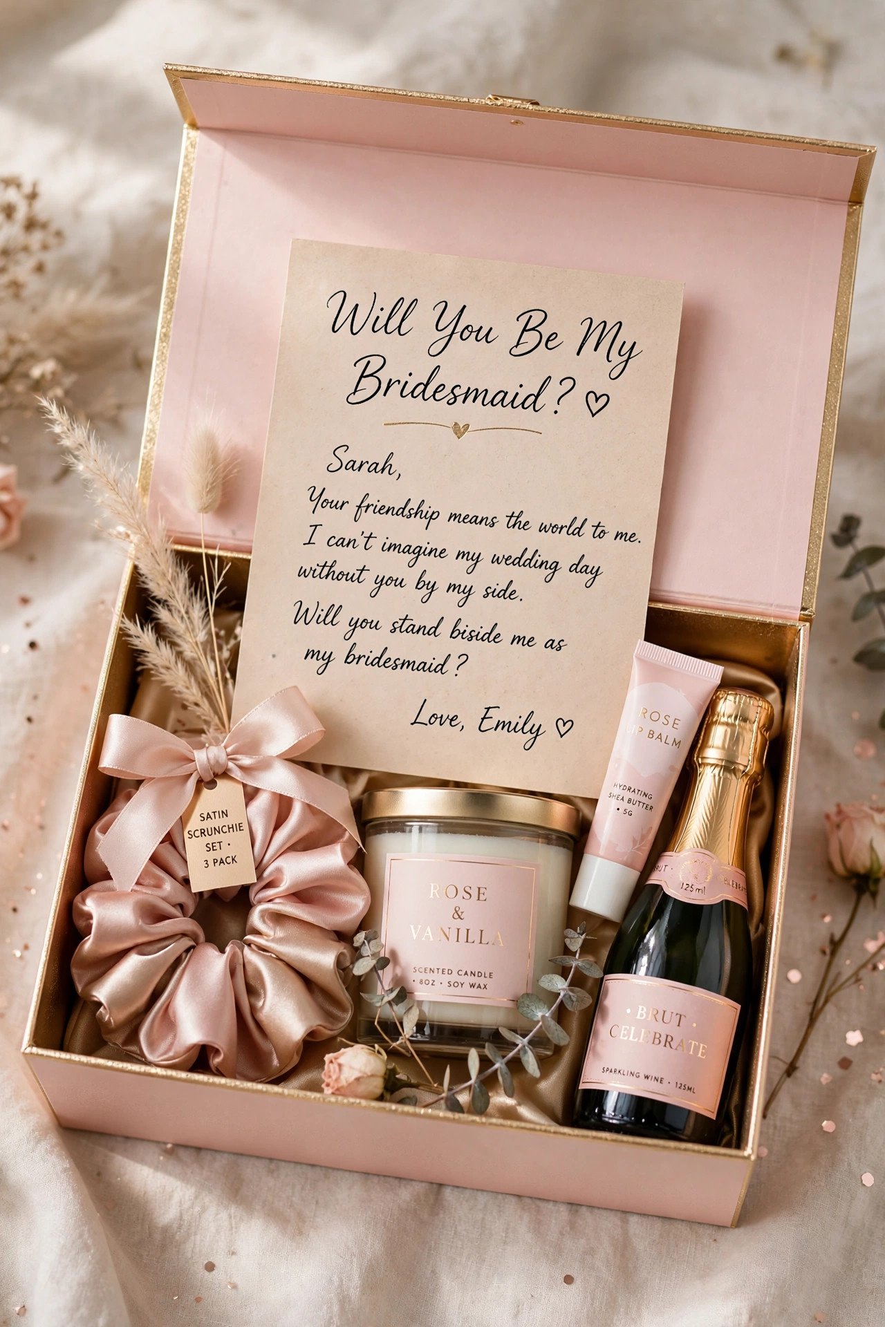 Bridesmaid proposal gift box with candle, scrunchie, and will you be my bridesmaid card
