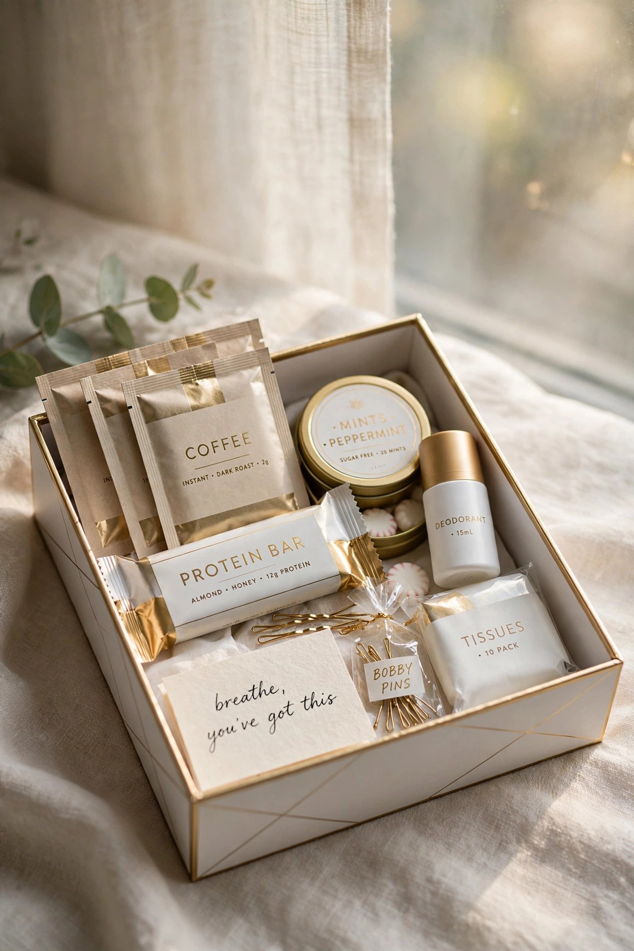 Wedding morning survival kit box with coffee, snacks, mints and emergency items