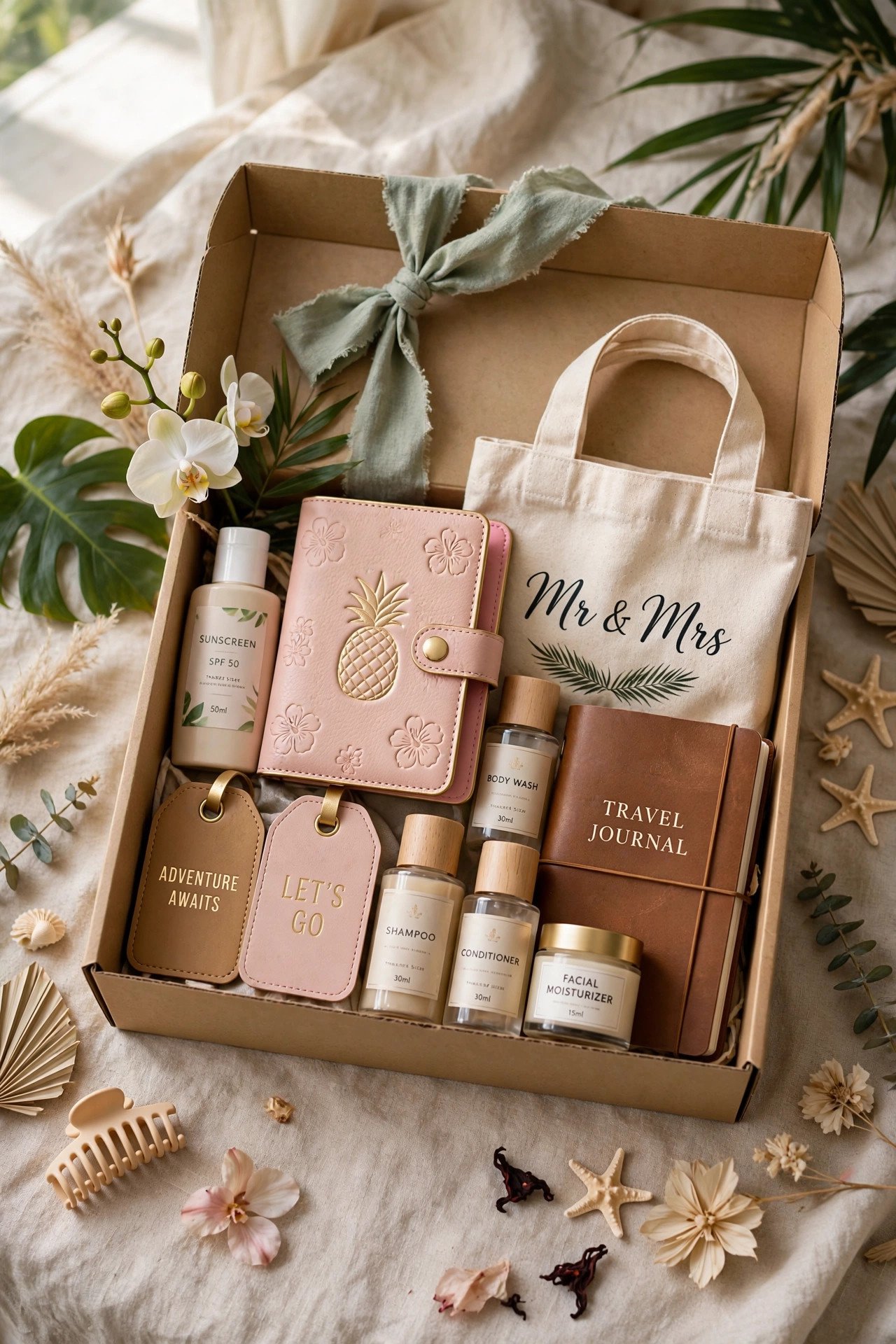 Honeymoon essentials gift box with travel items, sunscreen and passport holder