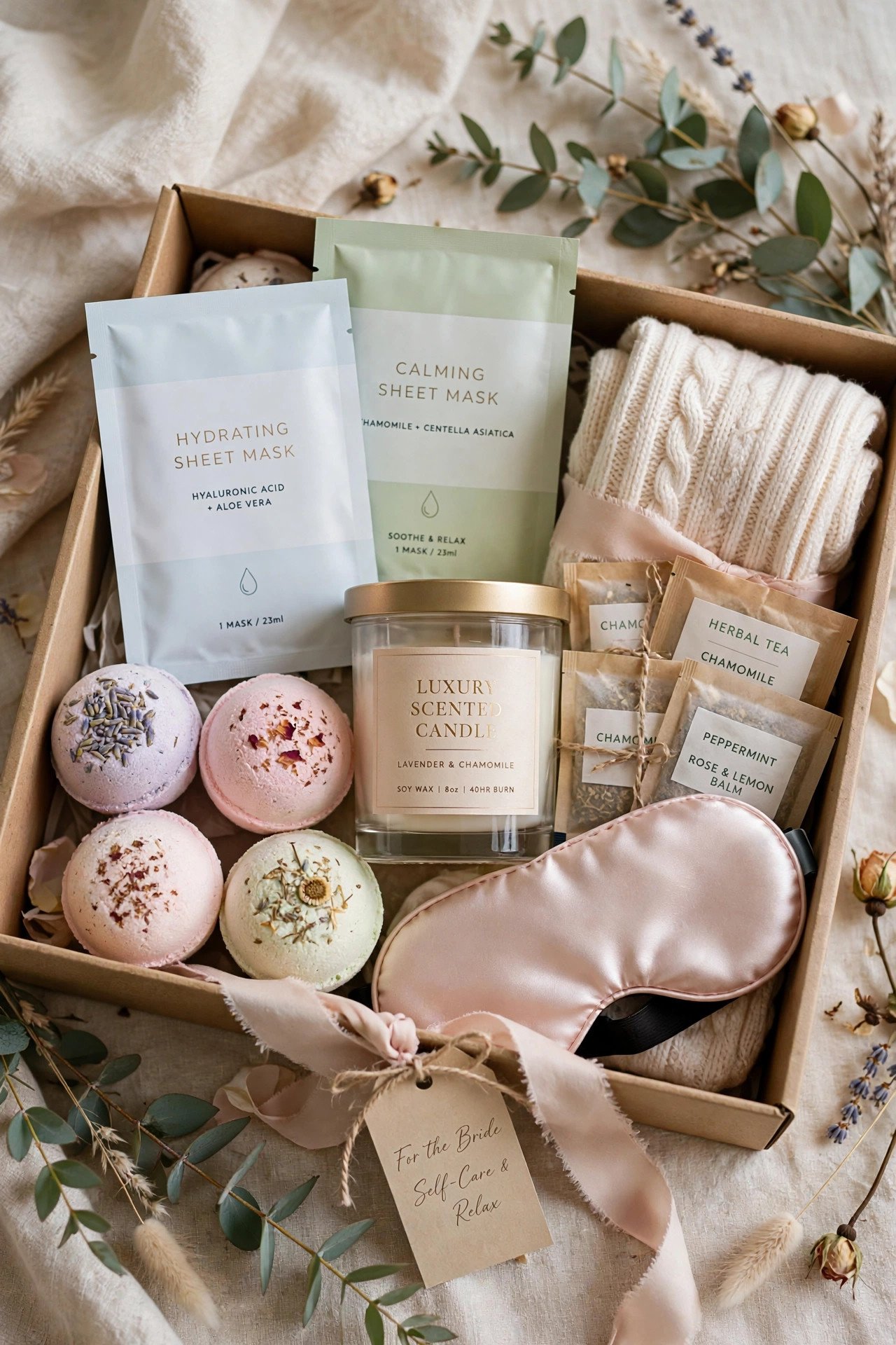 Self care pamper gift box with bath bombs, face masks and candle for the bride