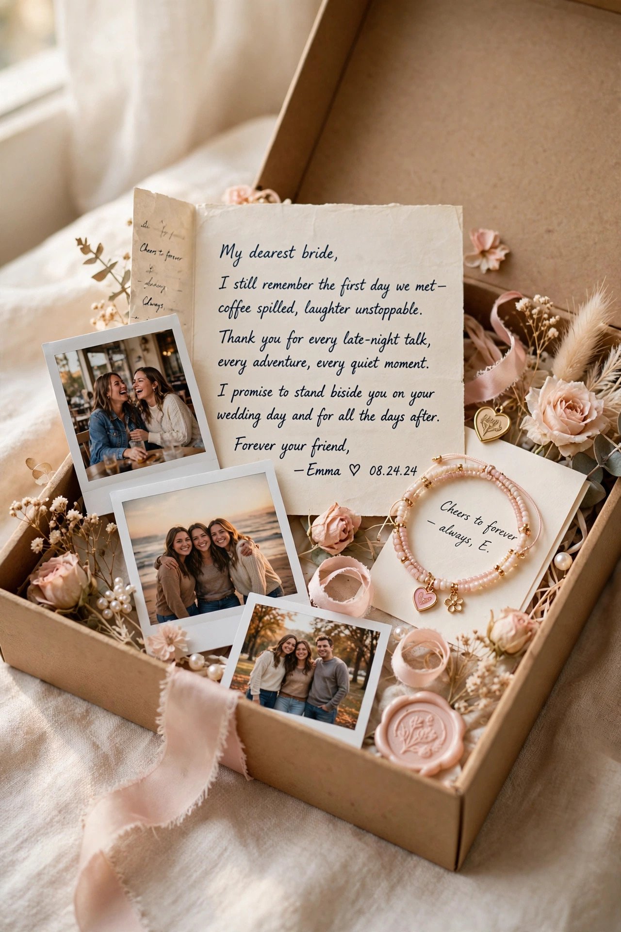 Sentimental keepsake box with letters, photos and memory items for the bride