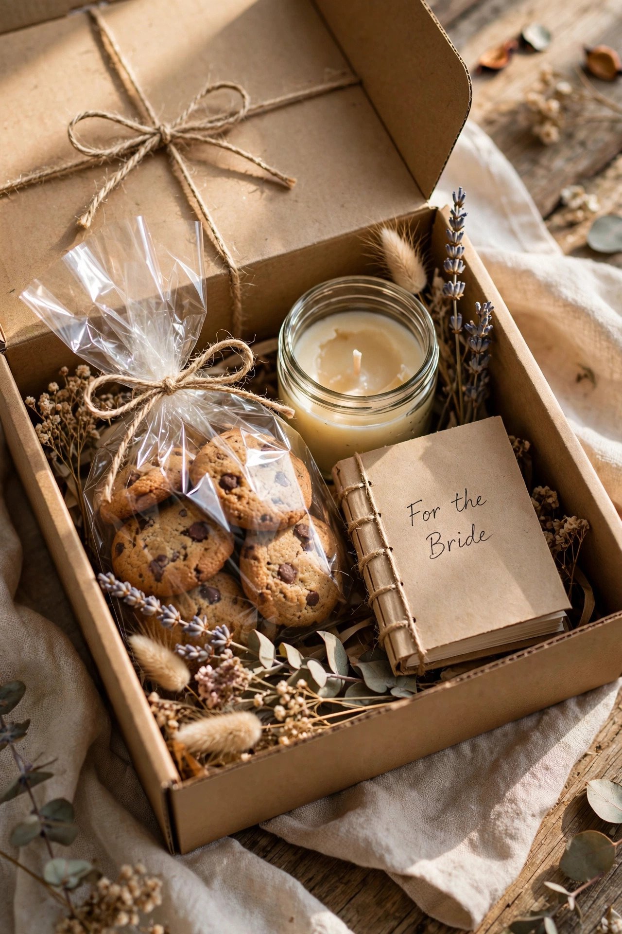 Budget friendly DIY gift box for bride with handmade items and kraft packaging