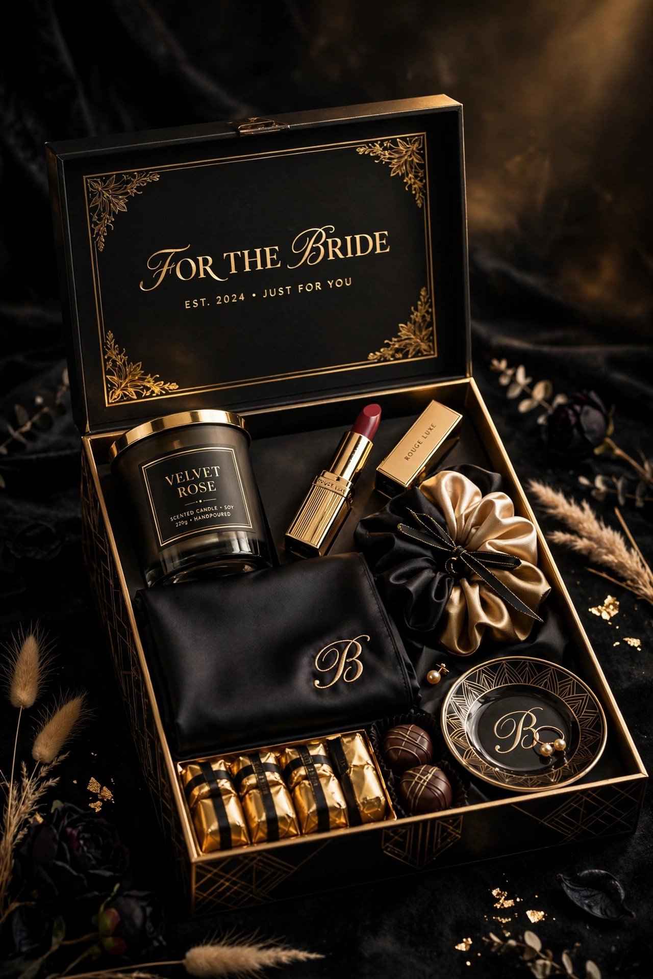 Luxury splurge gift box for bride with premium beauty products and silk items in black and gold