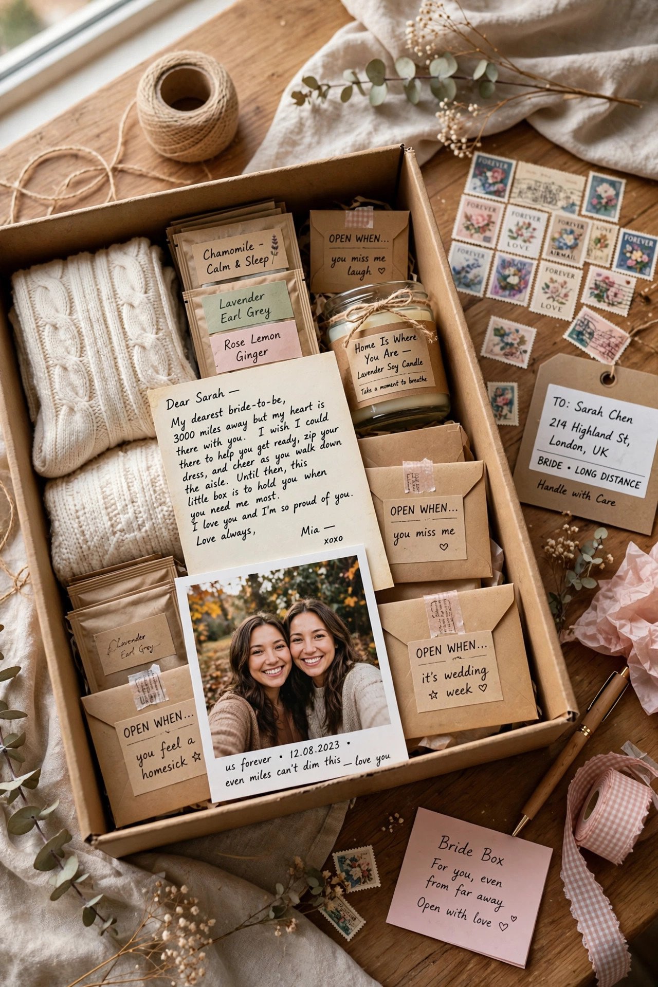 Long distance bride gift box being packed for mailing with cute wrapping and note