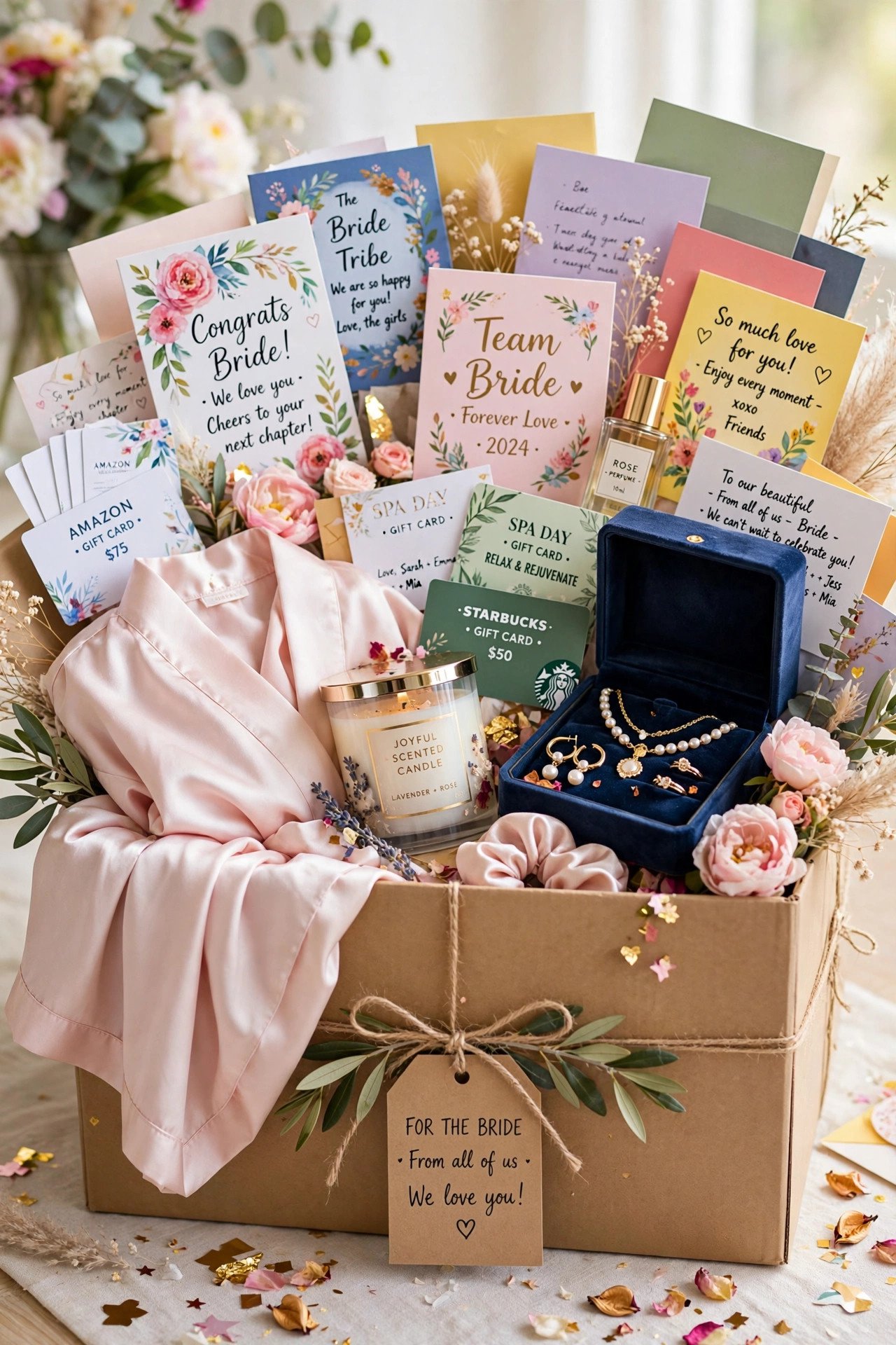 Large group gift box for the bride with contributions from many friends, overflowing with gifts