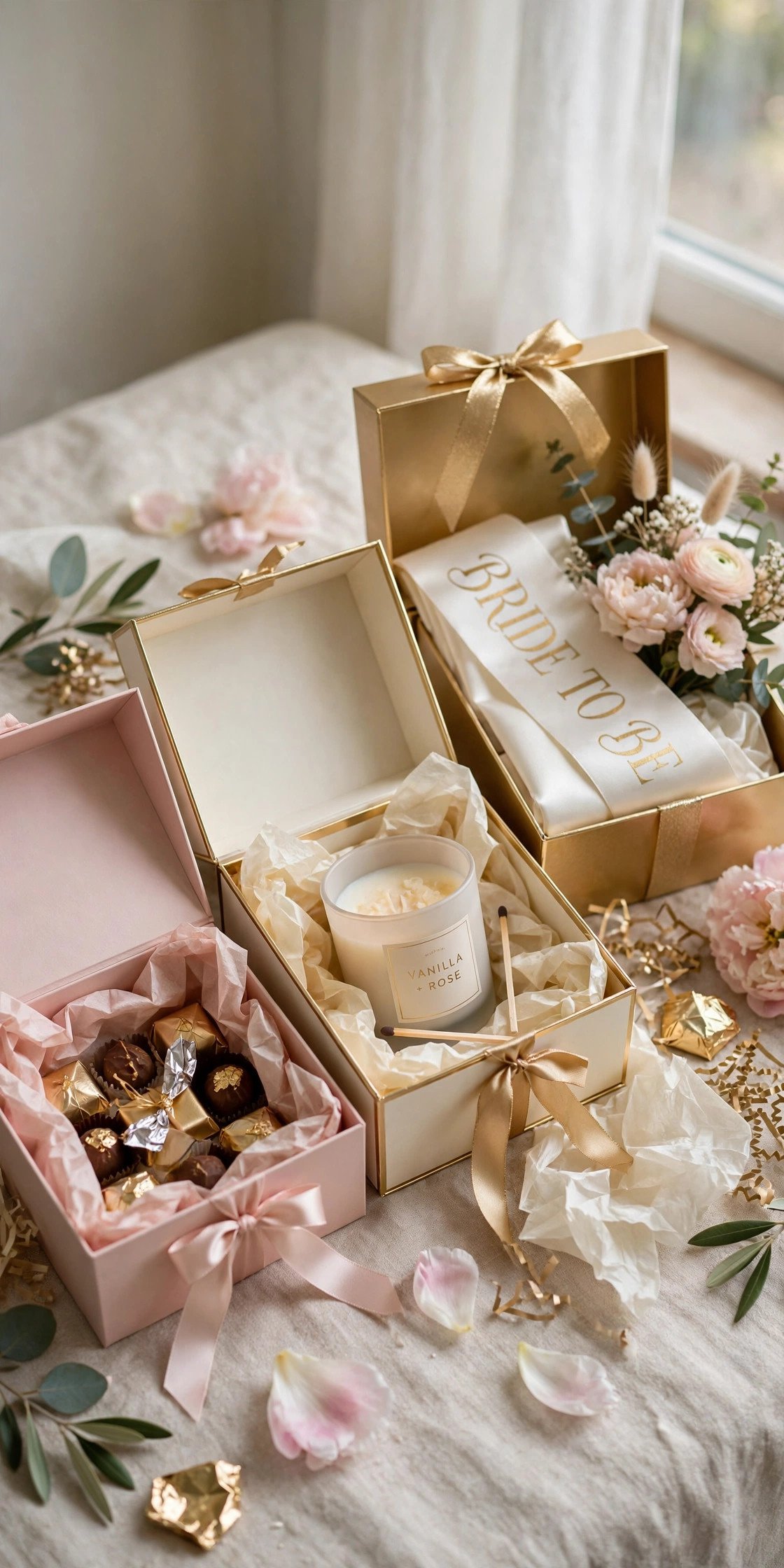 Beautiful bride-to-be gift boxes in blush and gold with ribbons and tissue paper