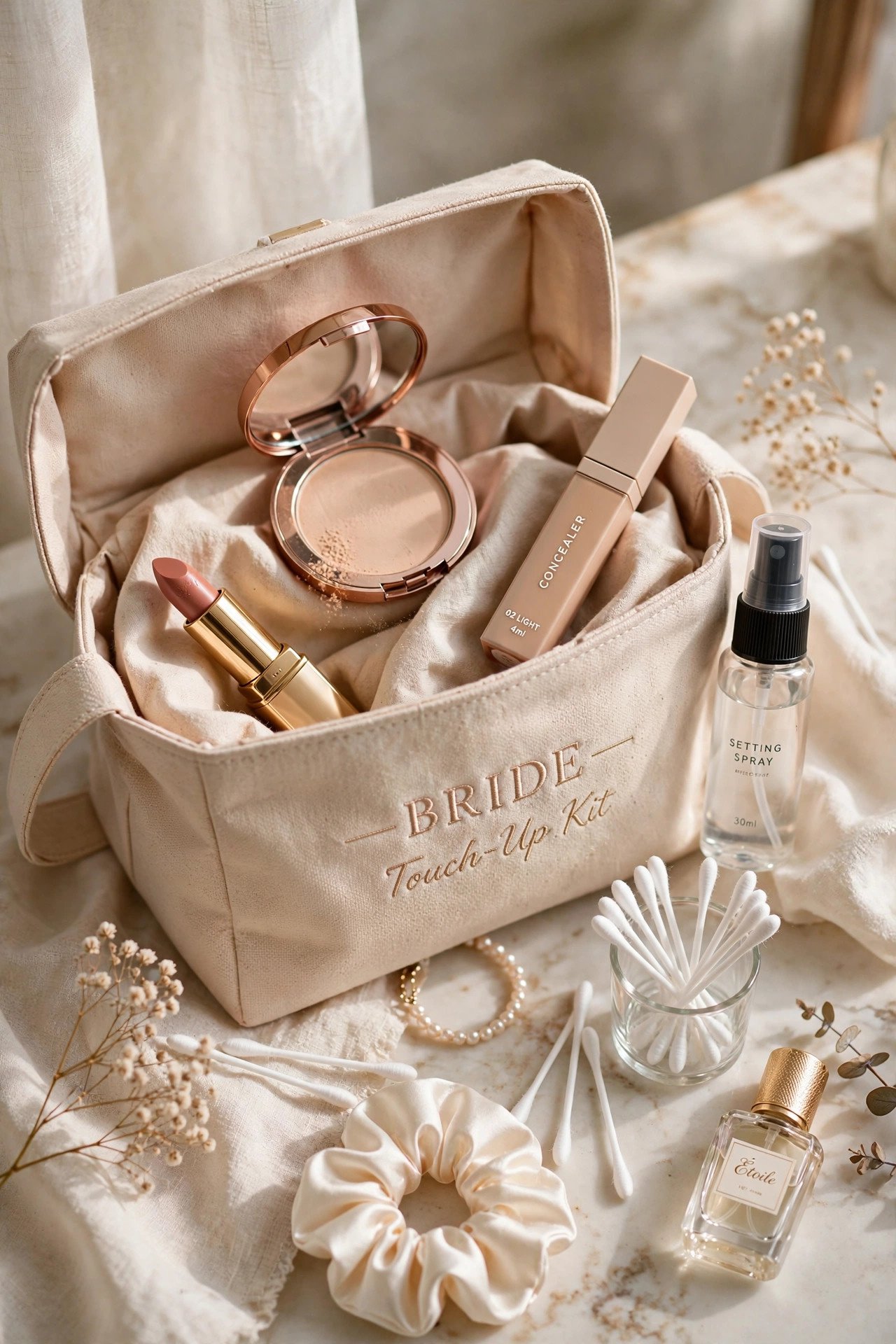Bride's touch-up makeup bag with lipstick, powder and blotting papers open on vanity