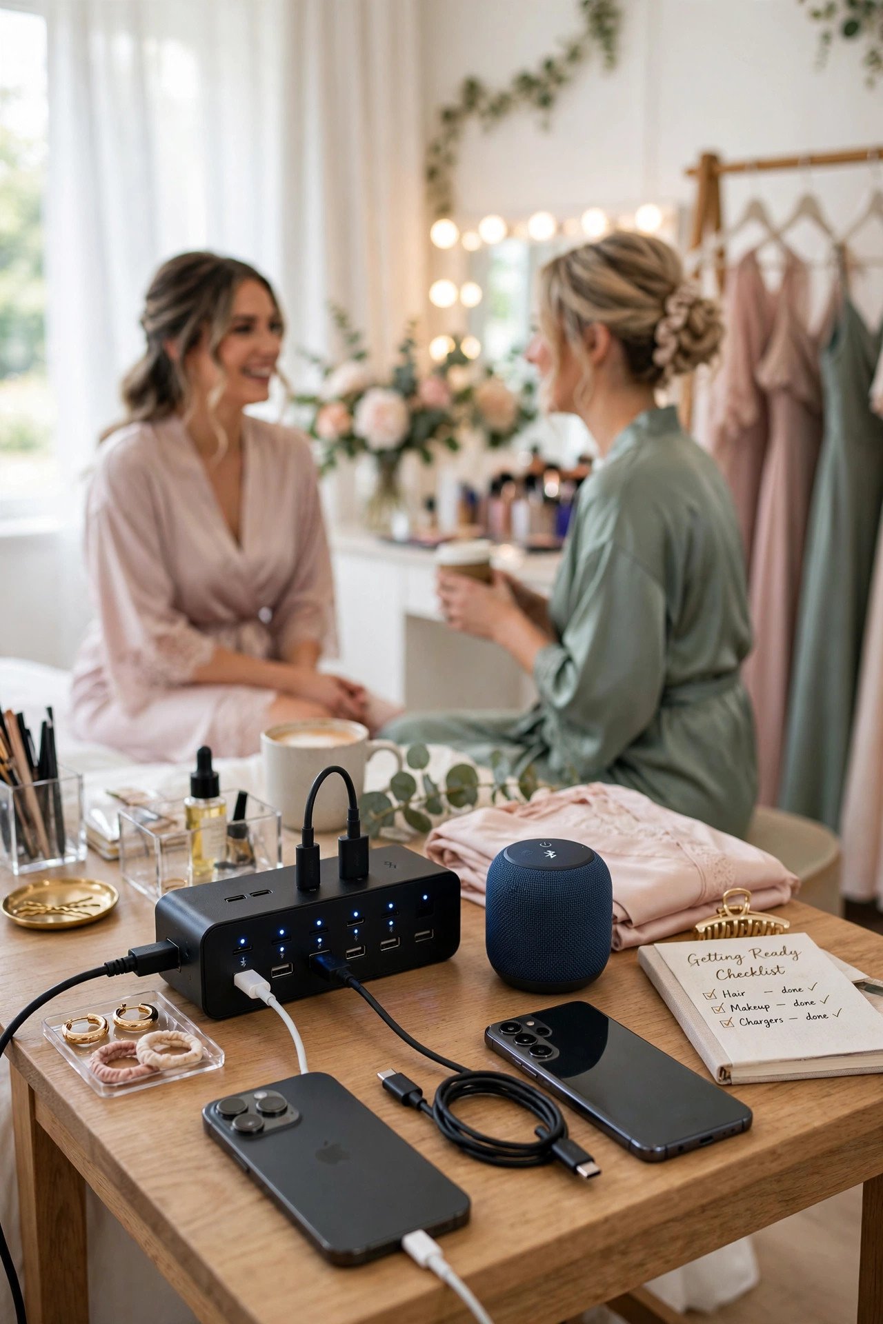 Phone chargers and bluetooth speaker on table in bright bridal getting-ready room