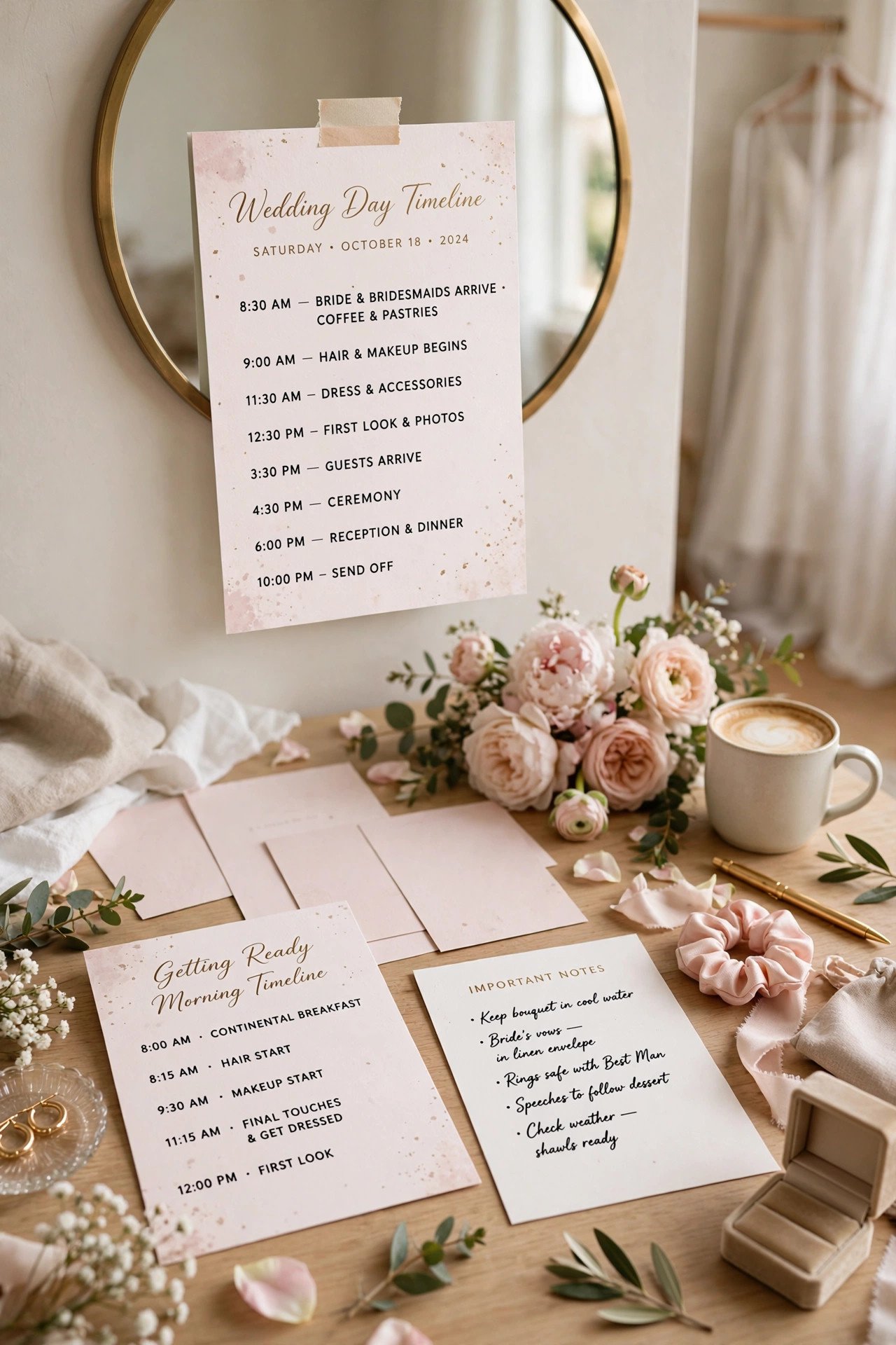 Printed wedding day timeline cards laid out on table in bridal suite