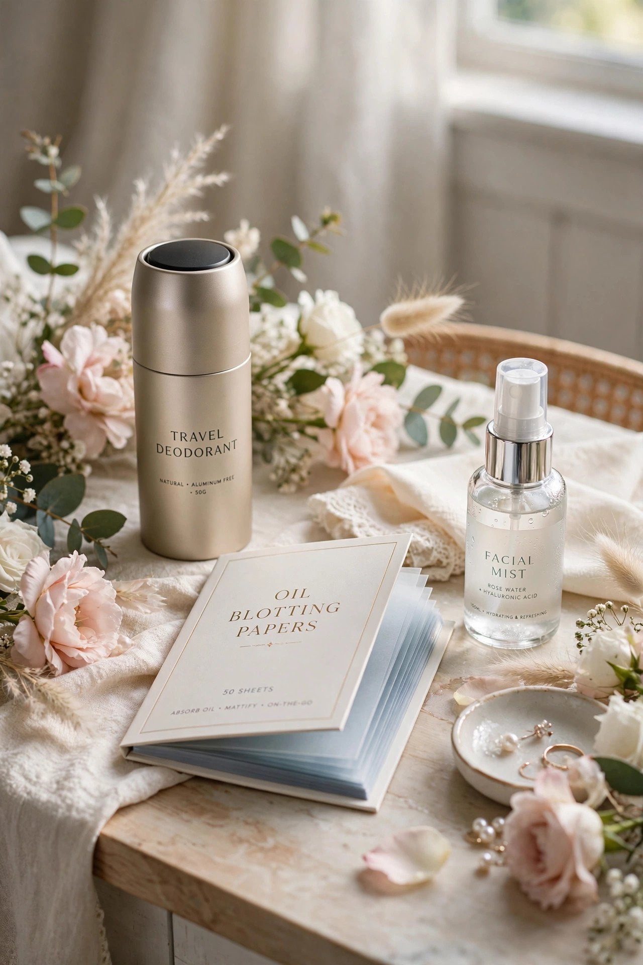 Deodorant and blotting papers arranged elegantly on bridal vanity table