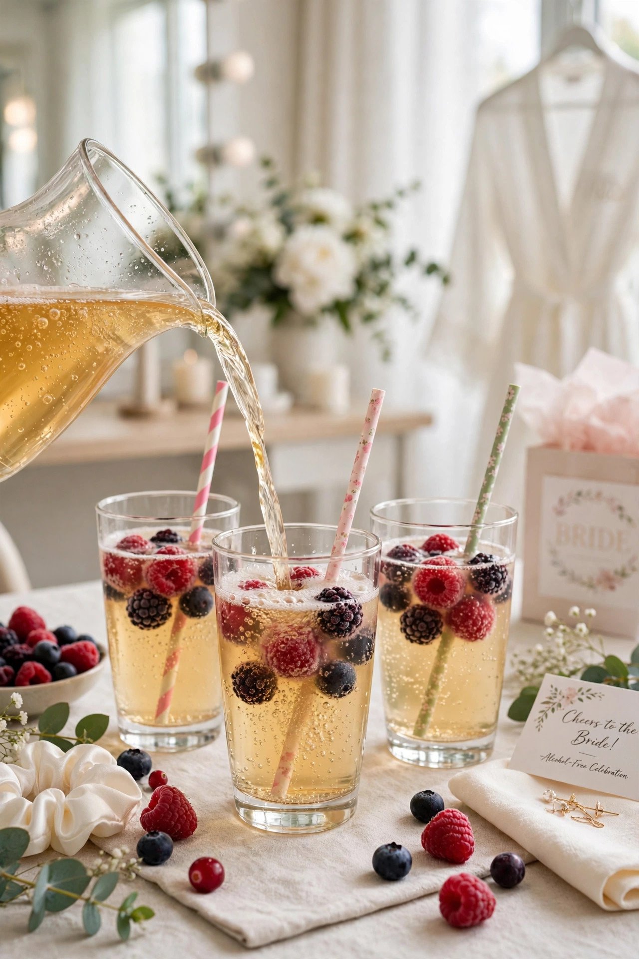 Sparkling apple cider in simple clear tumblers with paper straws on a bridal suite table