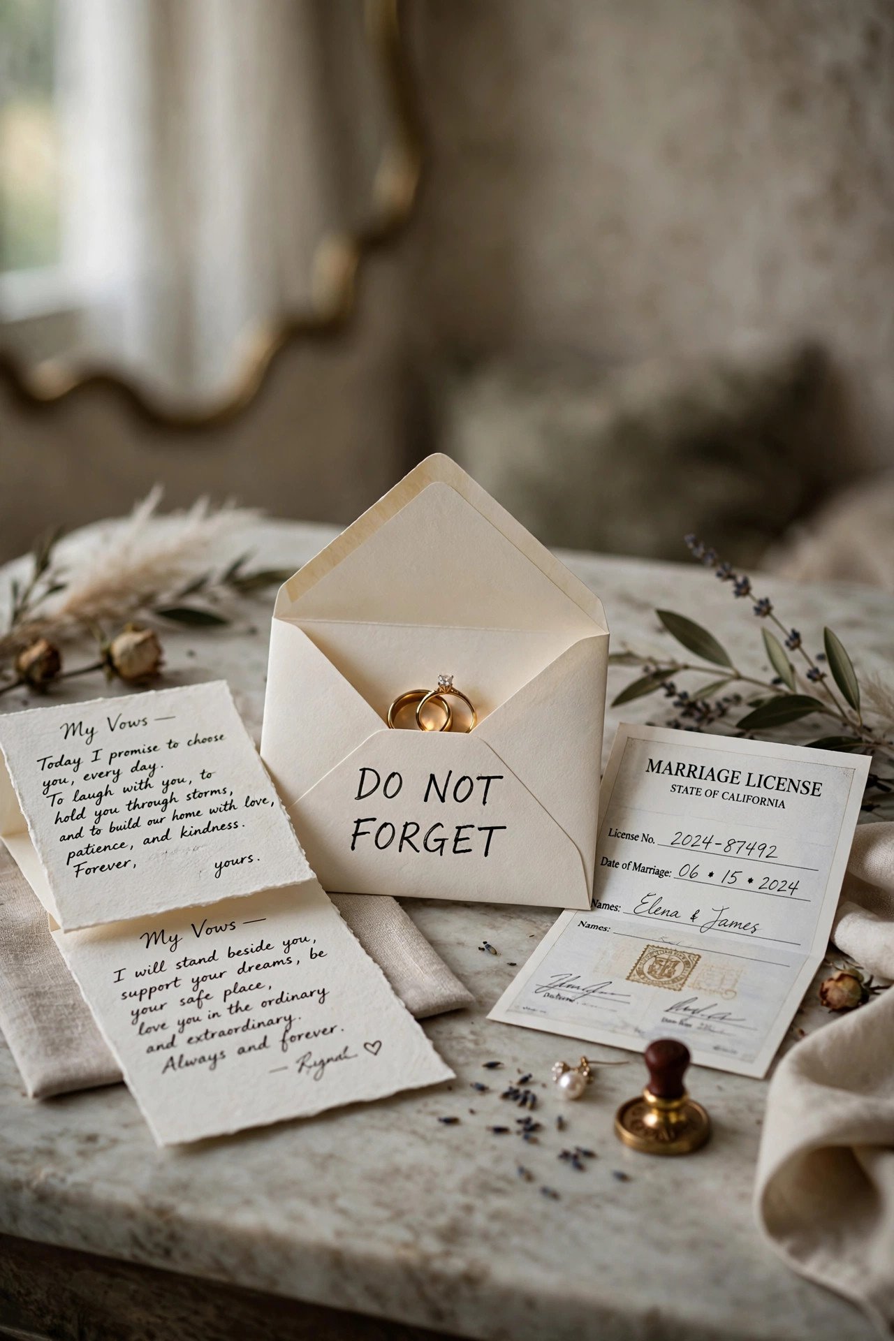 Elegant envelope labeled do not forget holding wedding rings vows and marriage license