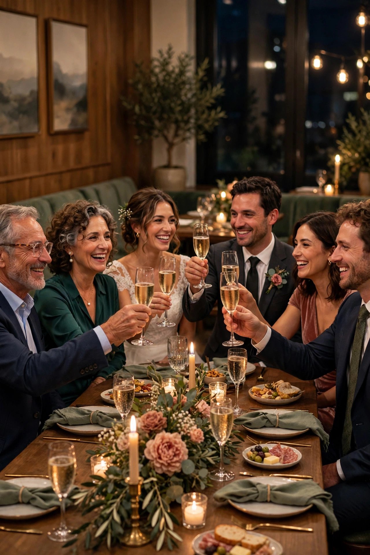 Warm rehearsal dinner hosted by groom's parents with wedding party toasting at long table