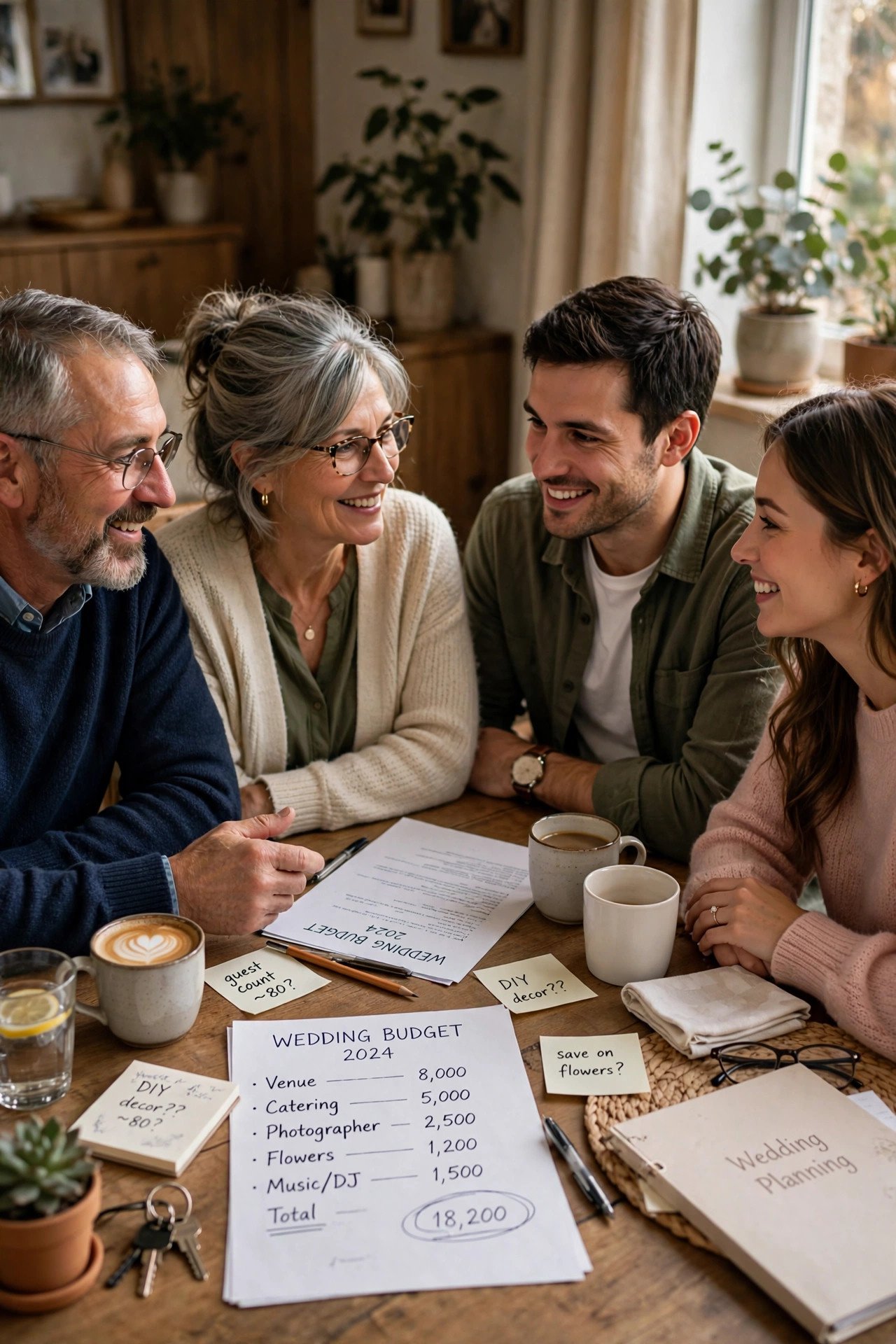 Groom's parents discussing wedding budget contributions with couple at home