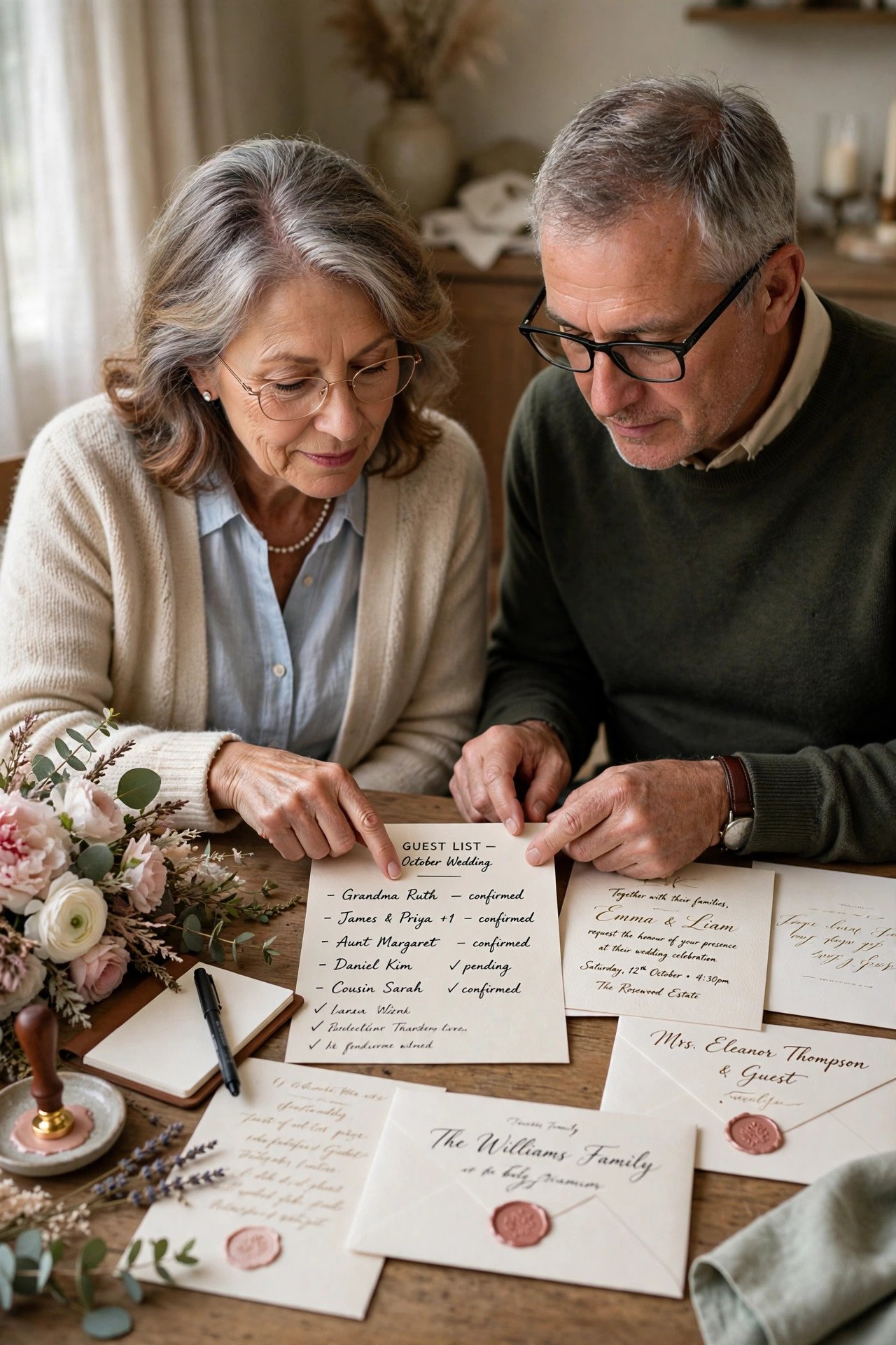 Elegant wedding invitations and guest list being reviewed by groom's parents